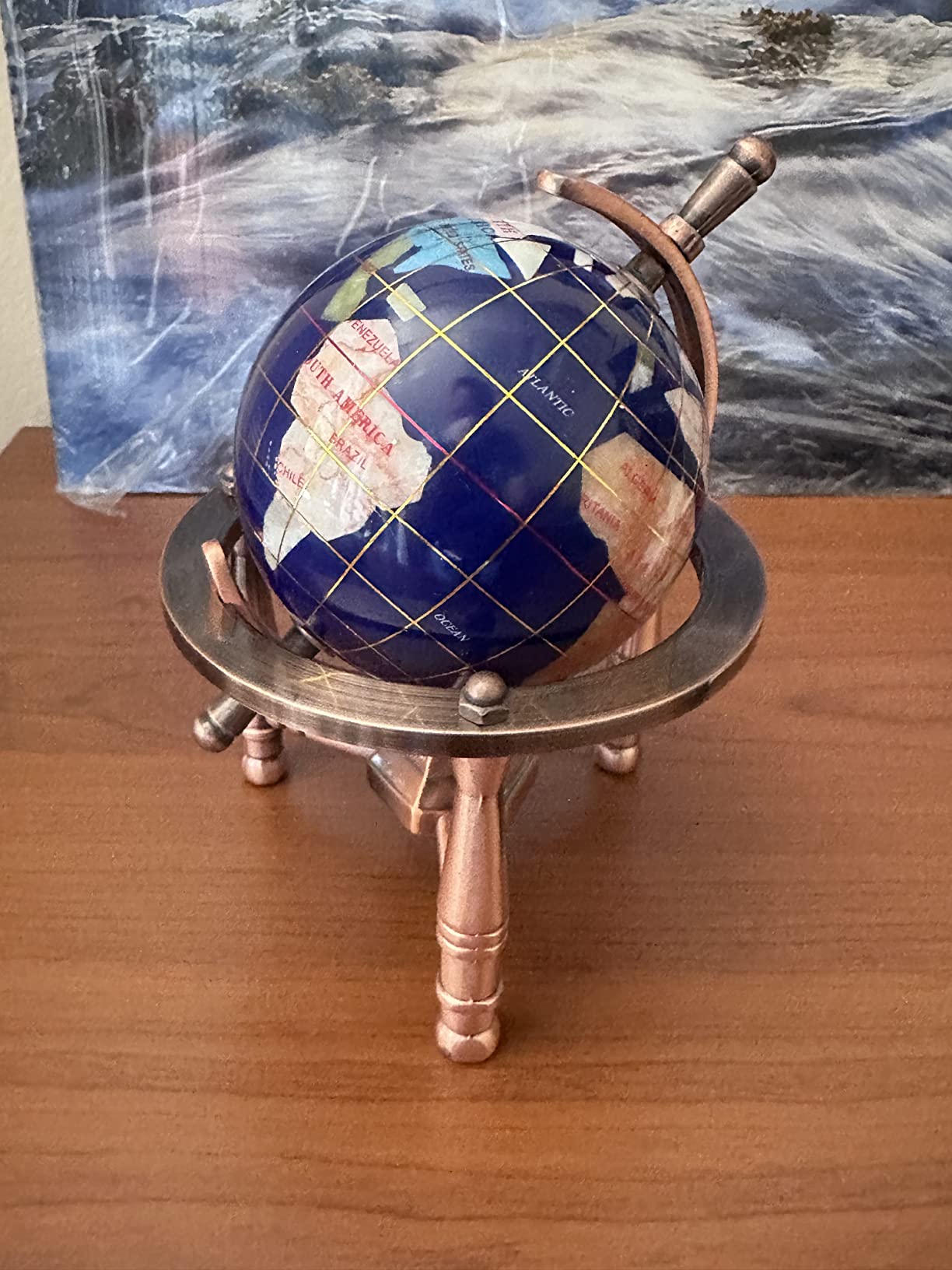 Unique Art 6-Inch Tall Blue Lapis Ocean Mini Table Top Gemstone World Globe with Copper Tripod customer photo 1