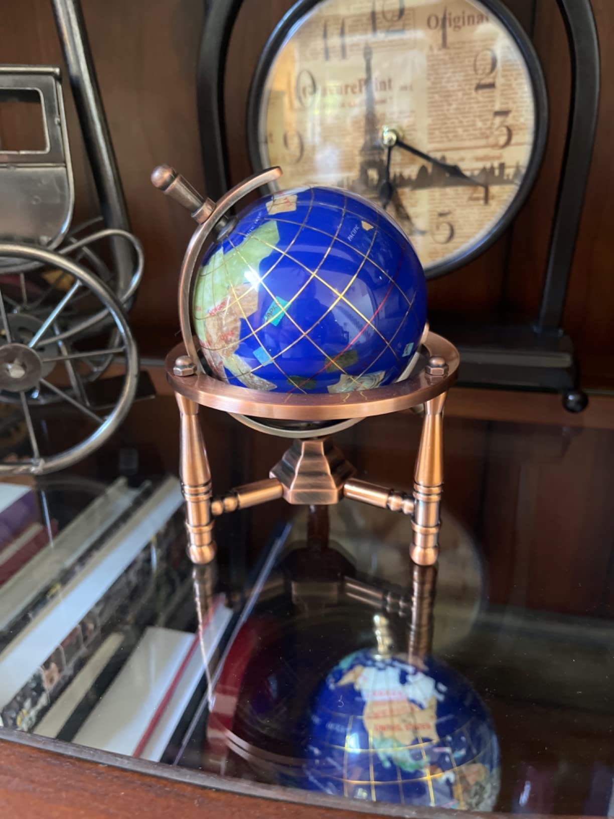 Unique Art 6-Inch Tall Blue Lapis Ocean Mini Table Top Gemstone World Globe with Copper Tripod customer photo 2