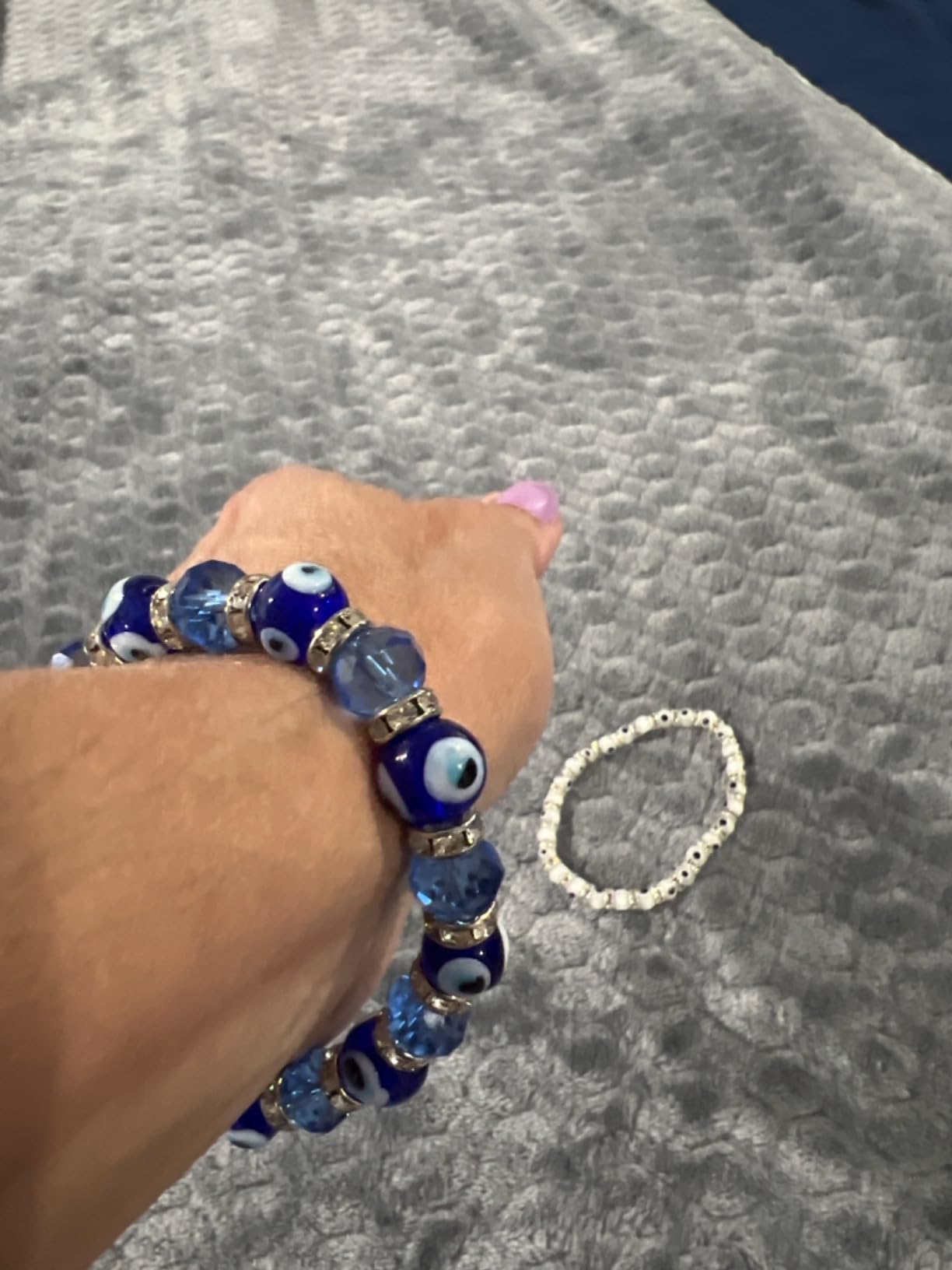 Turkish Evil Eye Bracelet Murano Glass Beads Beaded Clear Crystal Spacer Bracelet for Women (6-8mm, Blue Red Black White Mix Color Eye Beads) customer photo 1