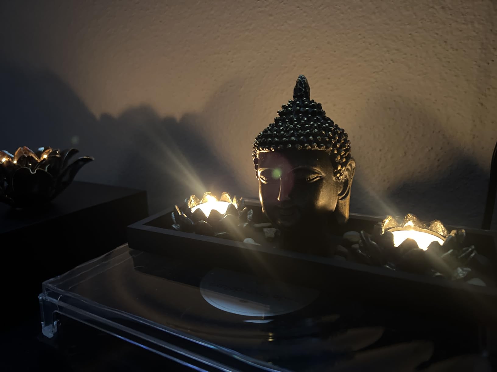 MyGift Black Buddha Head Sculpture Zen Garden Set with Lotus Tealight Candle Holders and Wooden Display Tray, Decorative Tabletop Home Accent customer photo 1