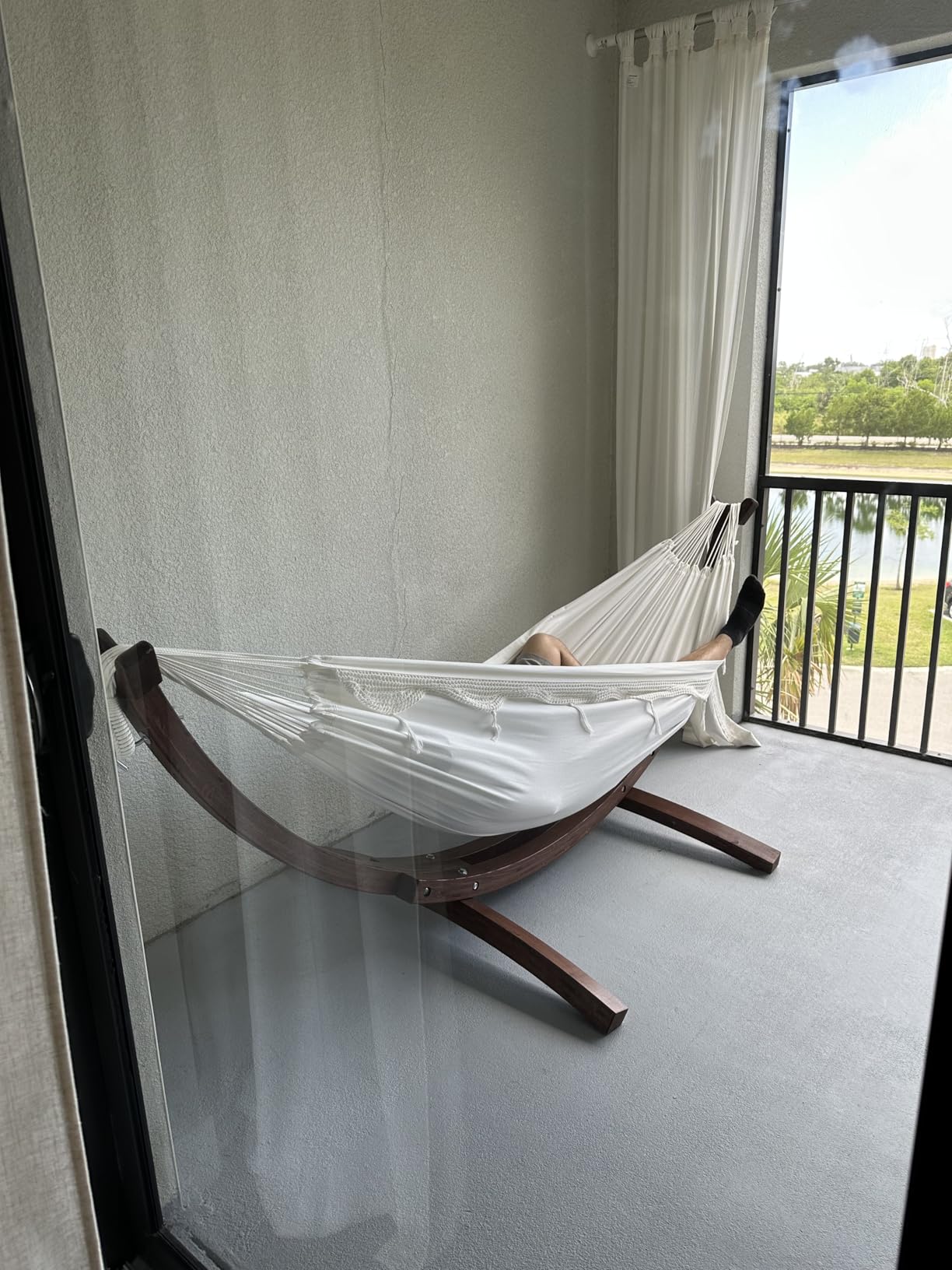 Vivere Double Cotton Hammock with Solid Pine Arc Stand - 450 lb Capacity, Durable FSC Wood Frame, Includes Hardware & User Guide customer photo 2