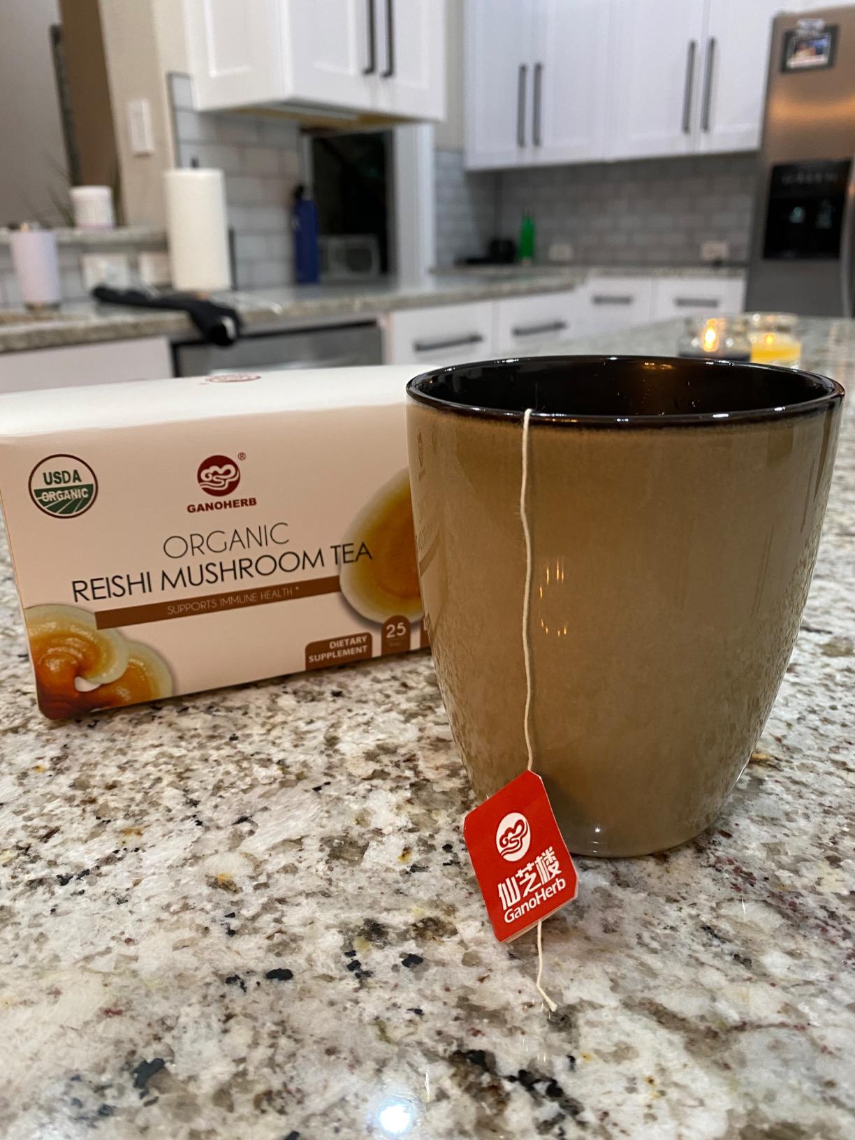 GANOHERB Organic Reishi Mushroom Tea, Adaptogen Ganoderma Lucidum Herbal Tea for Immune Health Boost, Stress Relief, Caffeine-Free, No Sugar, 25 Count customer photo 1
