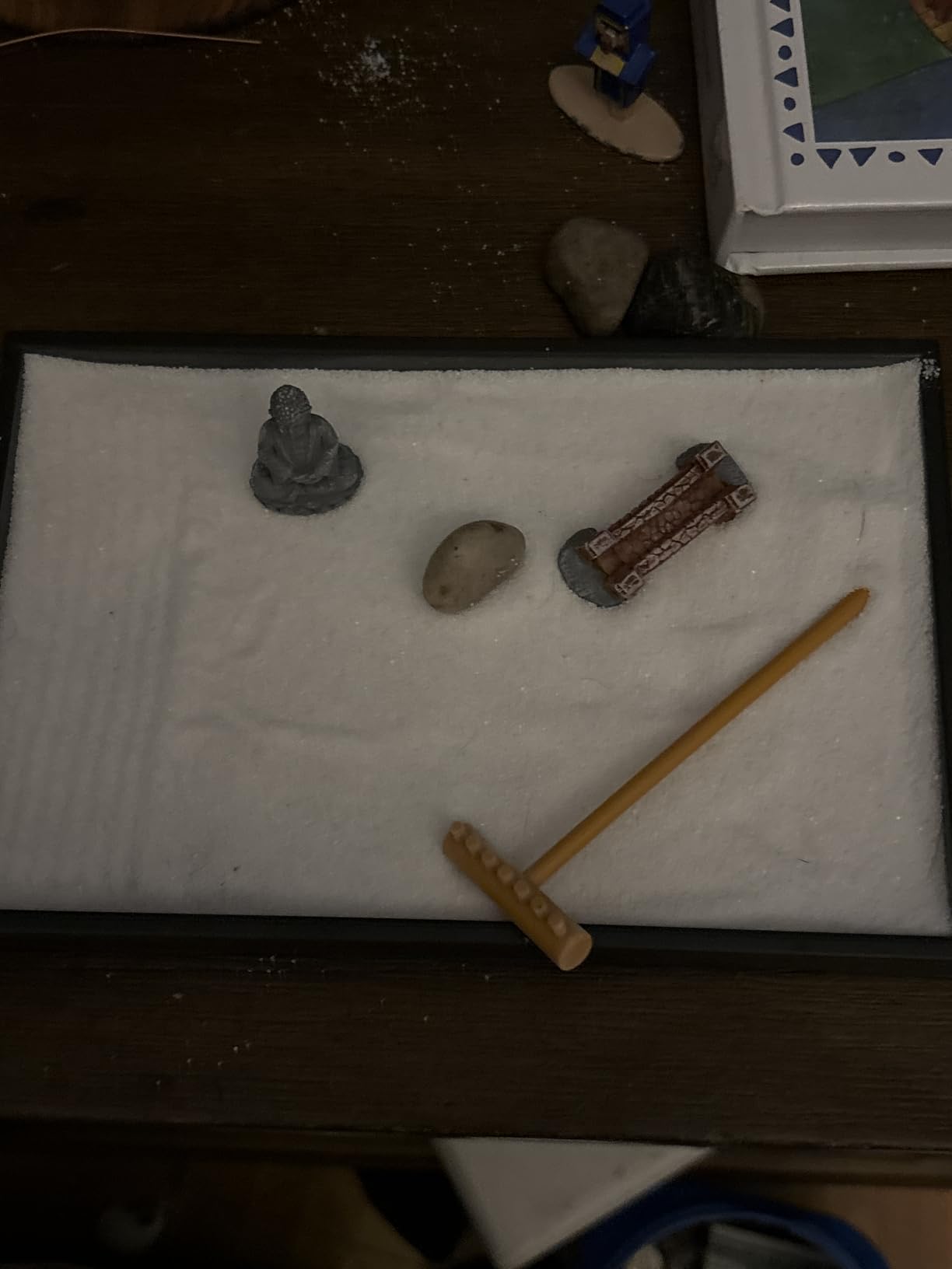 Nature's Mark Mini Zen Garden Kit for Desk with Rake, White Sand, Buddha Figure, Bridge Figure and River Rocks, Black Rectangle Base customer photo 1