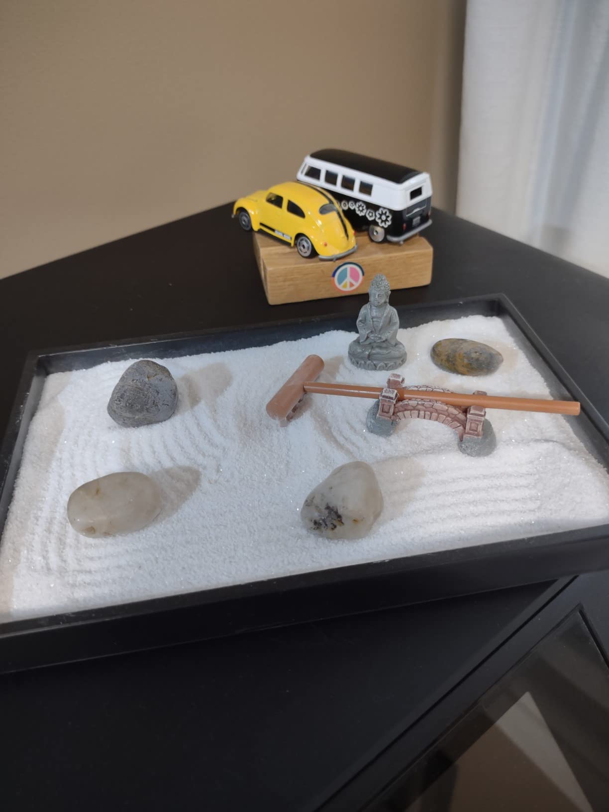 Nature's Mark Mini Zen Garden Kit for Desk with Rake, White Sand, Buddha Figure, Bridge Figure and River Rocks, Black Rectangle Base customer photo 2
