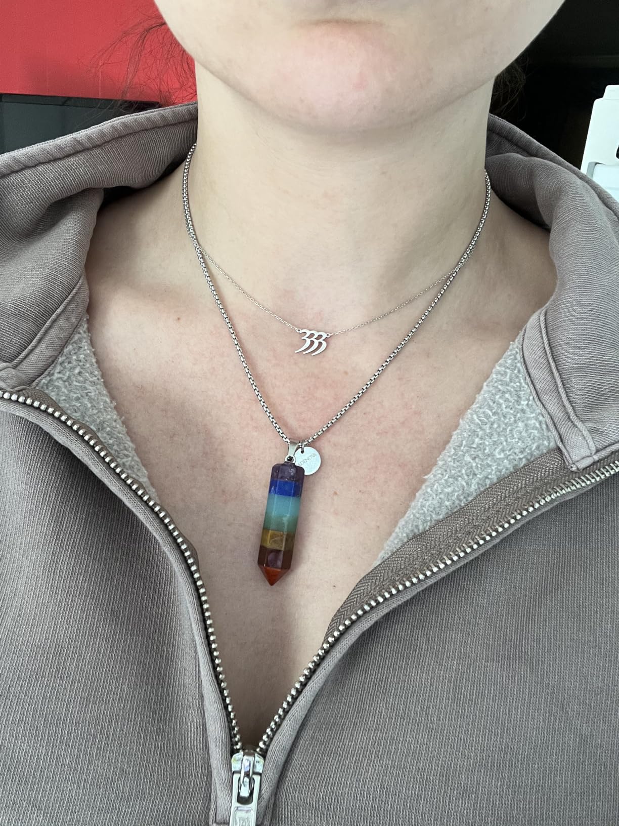 JADENOVA 7 Chakra Stones Necklace Gemstone Pendant Necklace Energy Healing Crystal Divination Pendulum For Women (Cone Hexagonal, 18 Inches Stainless Steel Chain) customer photo 2