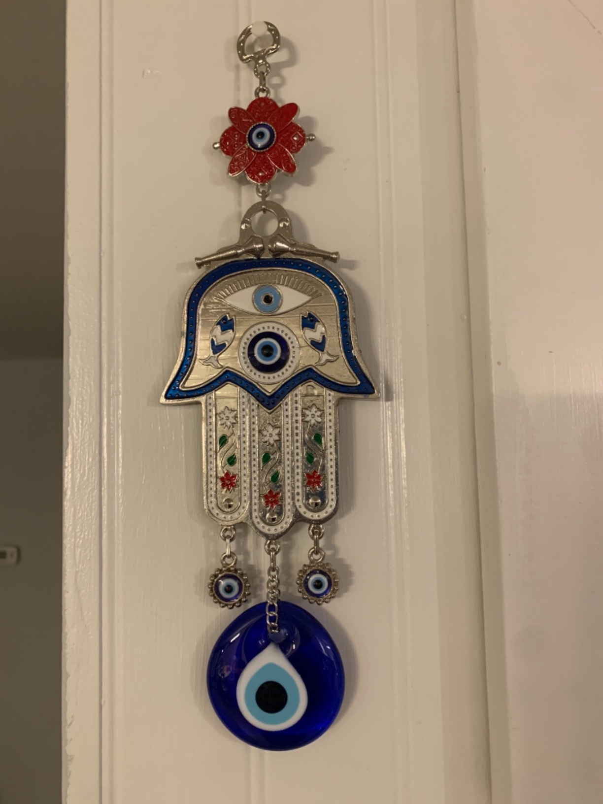 Turkish Blue Hamsa Hand of Mother Fatima Evil Eye Wall Hanging Ornament - Turkish Nazar Bead Amulet Metal Home Protection Decor (Blue) customer photo 1