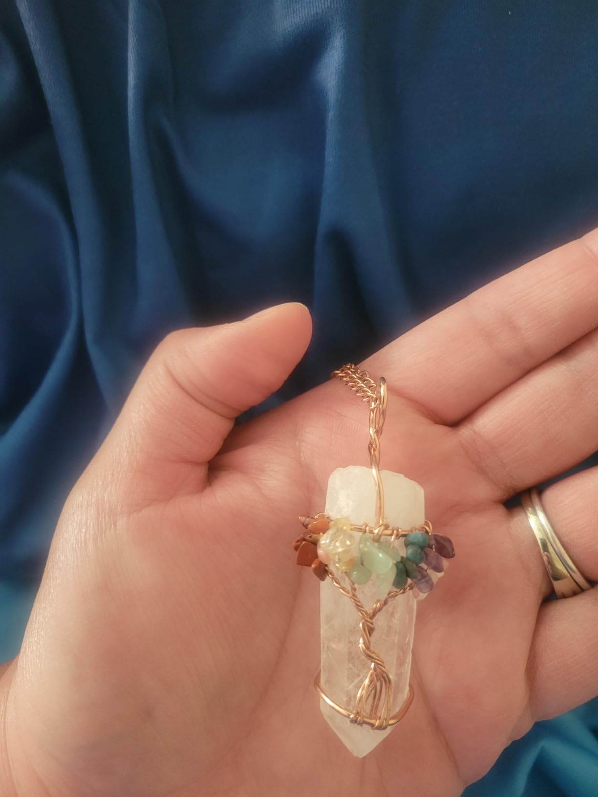 Jovivi 7 Chakra Gemstone Wire Wrapped Natural Clear Quartz Healing Crystal Point Pendant Necklace for Women Mother's Day Gift customer photo 2