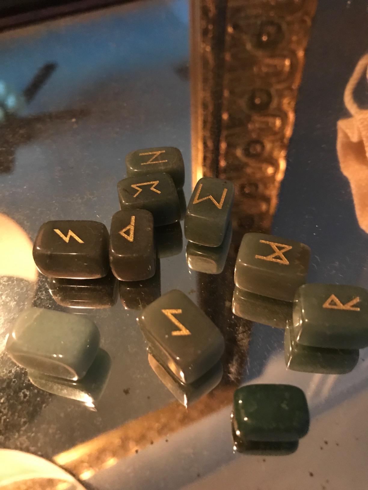 SUNYIK Natural Green Jade Rune Stones Set with Engraved Elder Futhark Alphabet Lettering Polished Healing Crystal Kit customer photo 2