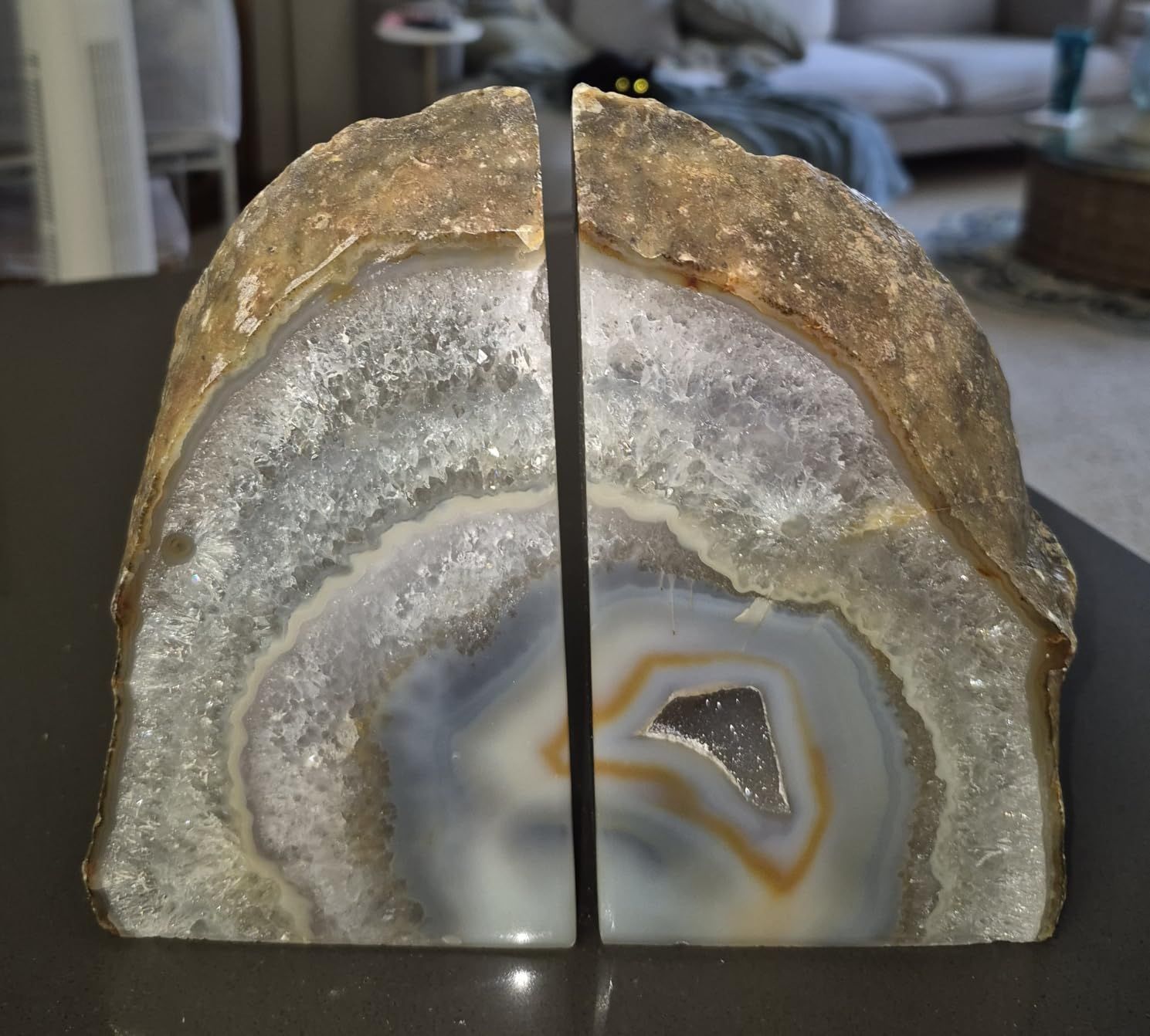 Teal Agate Bookends Small Geode Crystal Book Ends for Desk Decor 2-3 Lbs Color-Enhanced Teal Brazilian Agate Unique Banded Patterns Flat Base with Silicone Pads customer photo 1