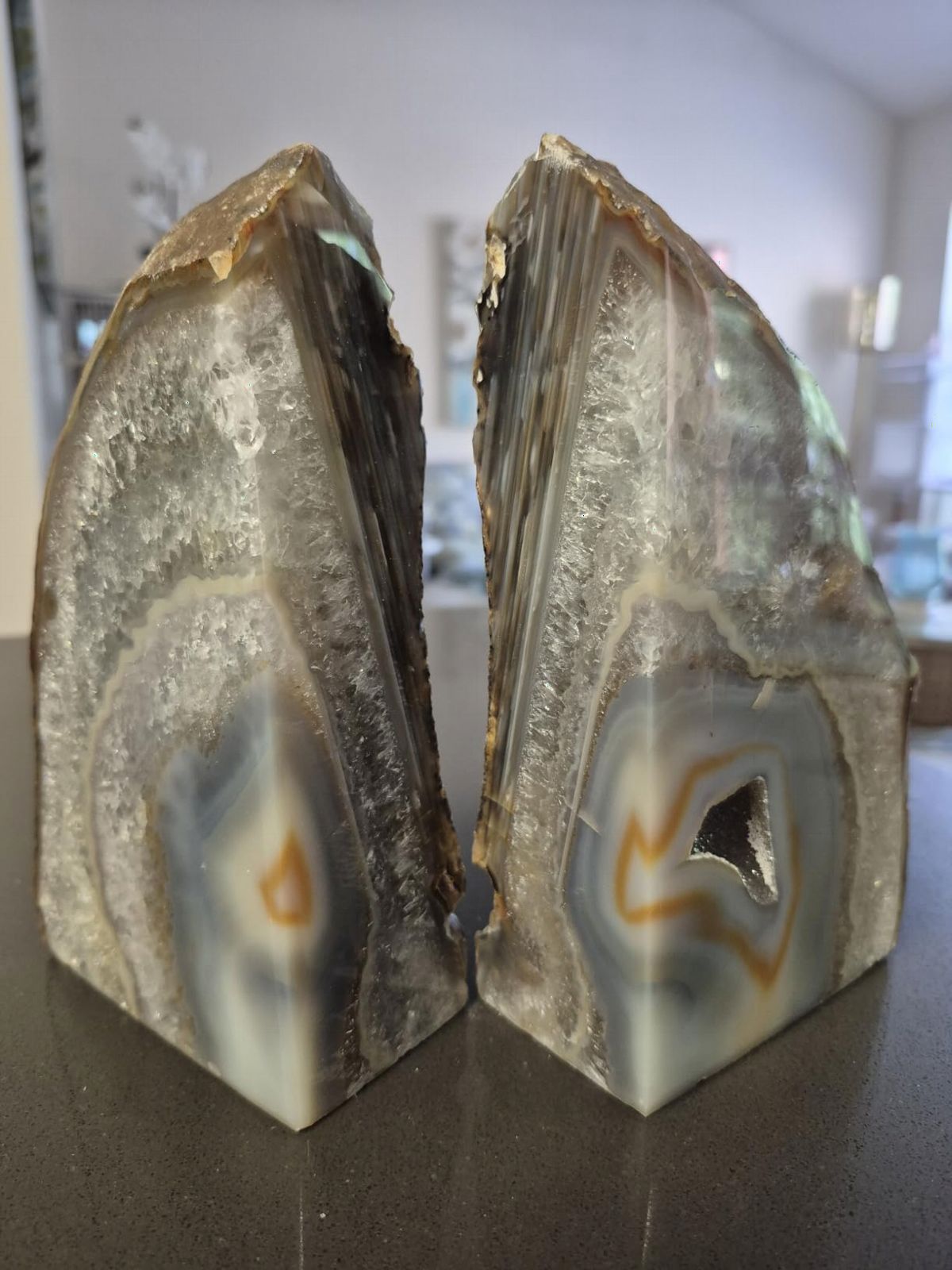 Teal Agate Bookends Small Geode Crystal Book Ends for Desk Decor 2-3 Lbs Color-Enhanced Teal Brazilian Agate Unique Banded Patterns Flat Base with Silicone Pads customer photo 2