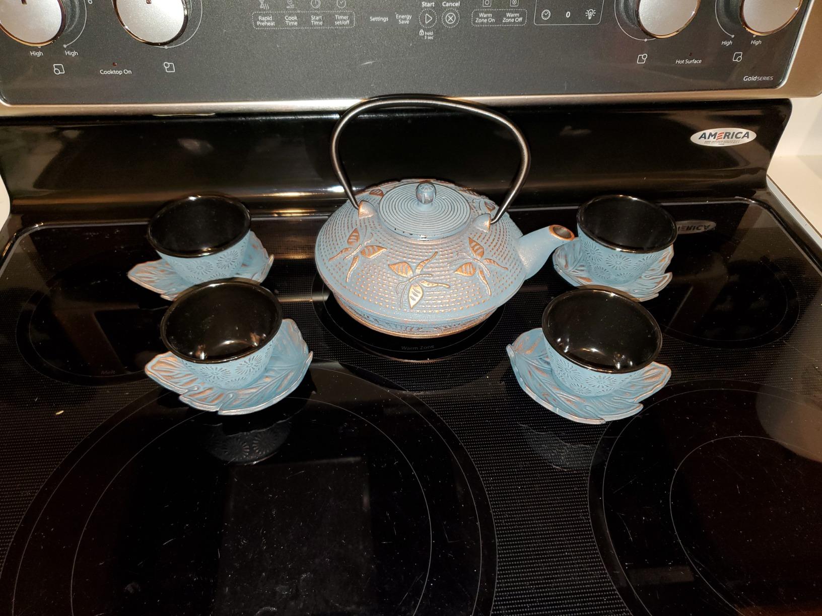 Cast Iron Tea Set with Teapot, 2 Tea Cups, 2 Saucers, Stainless Steel Tea Infuser & Matching Trivet, Enamel Coated Teapot for Loose Leaf Tea, Blue Butterfly customer photo 2