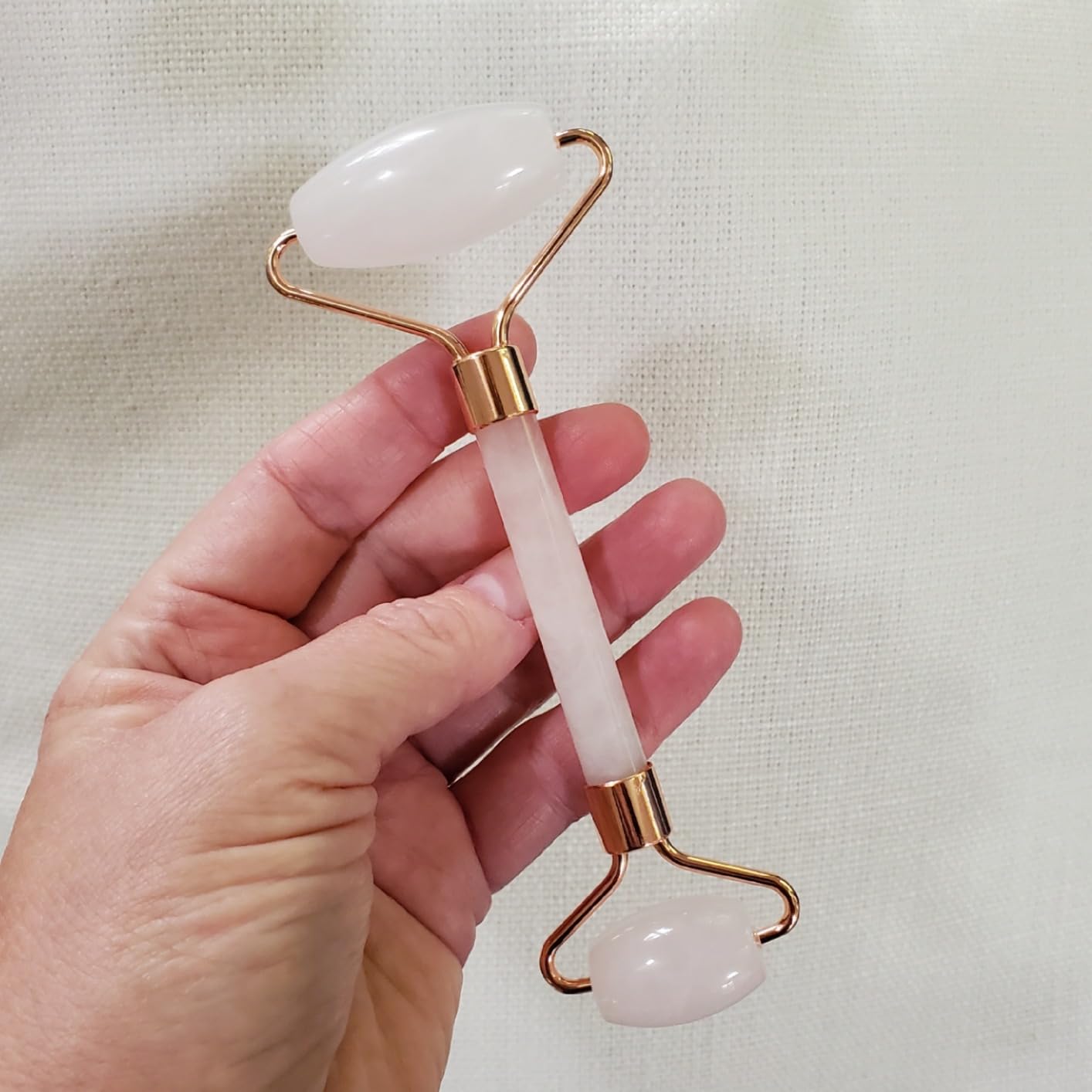 Rose Quartz Face Roller for Face and Neck, Dual-End Cooling Massage Tool | Natural stone facial roller for eye area, face and neck, chilled use for puffiness appearance with serum or moisturizer customer photo 1