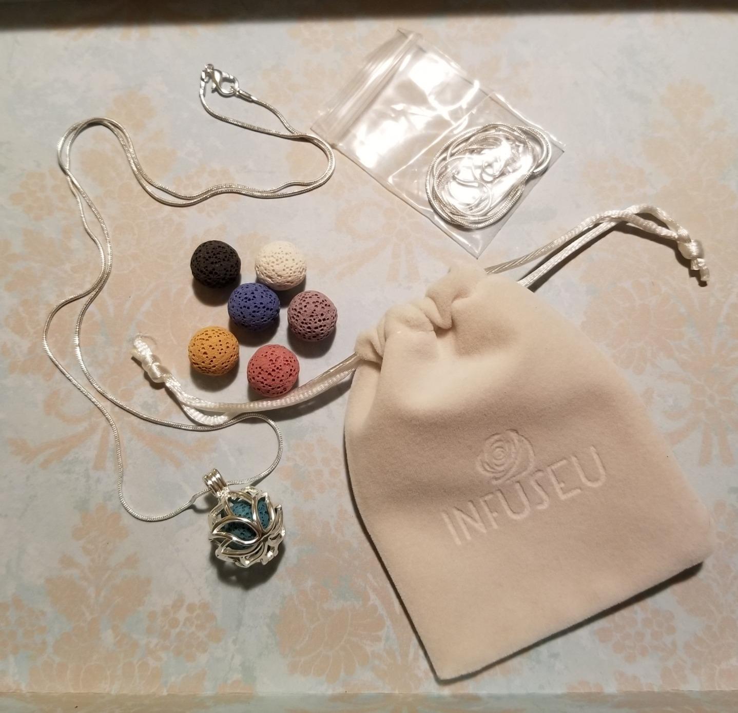 INFUSEU Essential Oil Diffuser Necklace Aromatherapy Jewelry, Small Lotus Flower Pendant with 7 Lava Rock Stones and 24-Inch Snake Chain customer photo 2