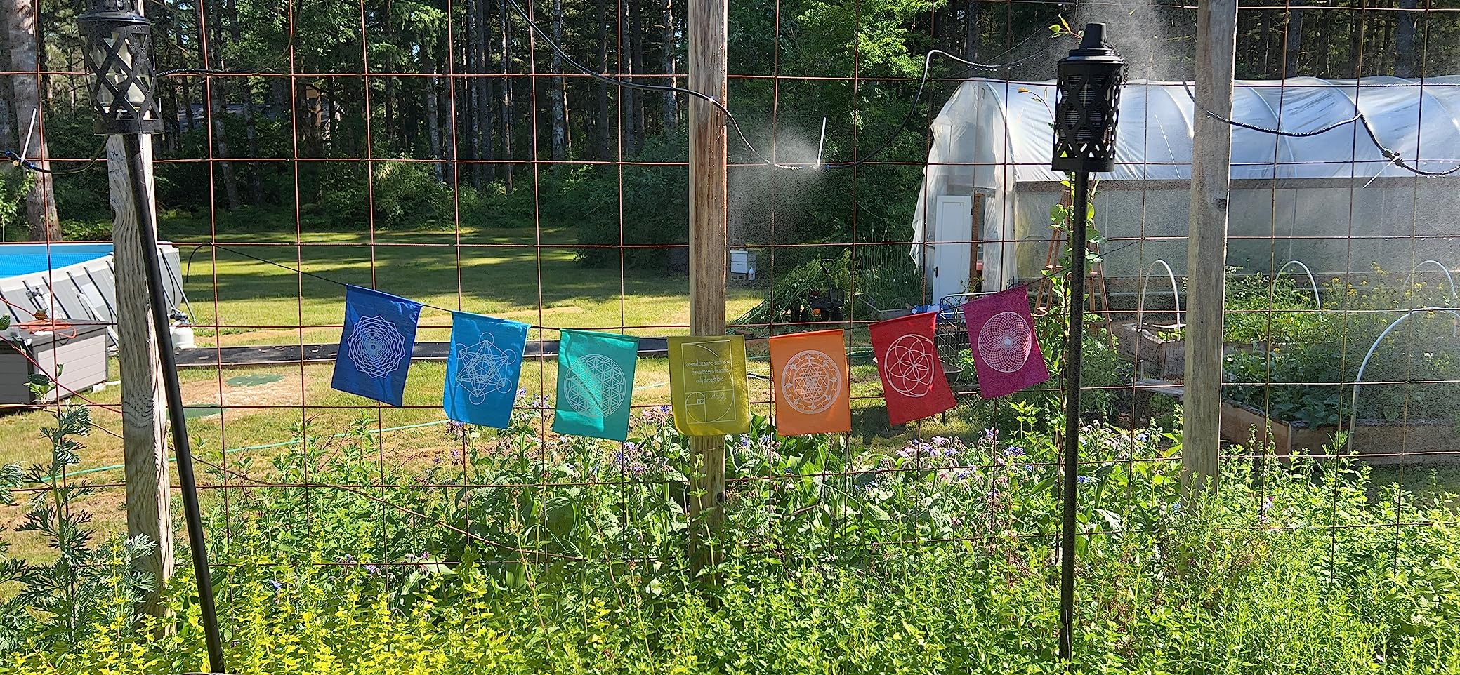 Sacred Geometry Rainbow Prayer Flags Positive Energy Shri Yantra, flower of life, seed of life, (6X8 multi) Our flags are hand printed and stitched by a Balinese family in indonesia customer photo 2
