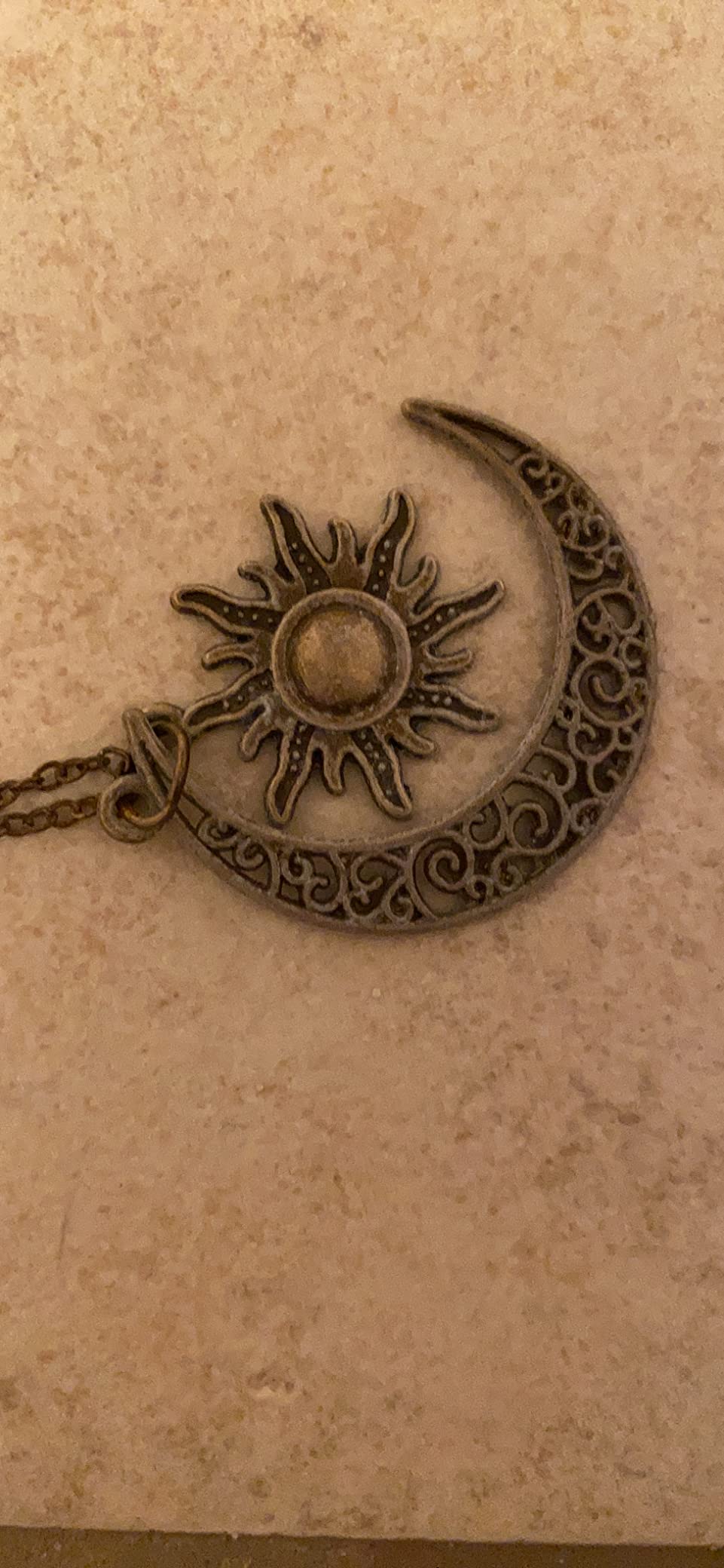 Vintage Bronze Crescent Moon and Sun Pendant Necklace Retro Swirl Filigree Unisex Jewelry Gifts customer photo 2
