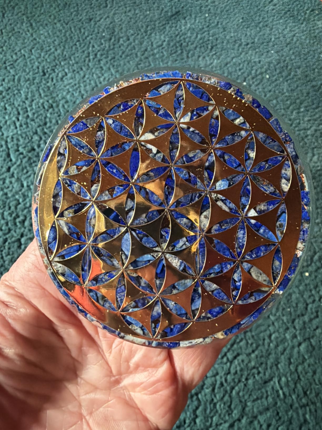 Orgonite Crystal Water Charging Plate with Lapis Lazuli Healing Crystals and Flower of Life - Chakra Healing Orgone Water Plate for Spiritual Protection and Cleansing (90mm) customer photo 2