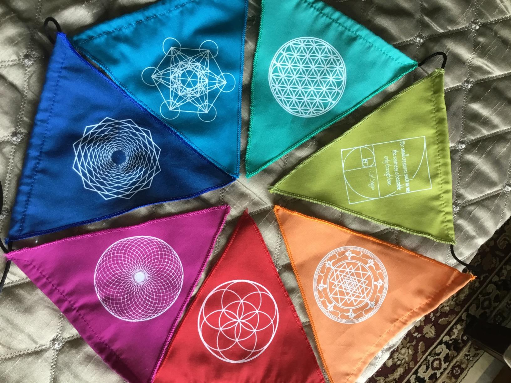 Triangle Sacred Geometry Rainbow Prayer Flags - Set of 7 (6 × 5.5 Inch) Handmade in Bali on Cotton Blend Fabric | Meditation and Yoga Decor with Sacred Symbol Designs customer photo 1