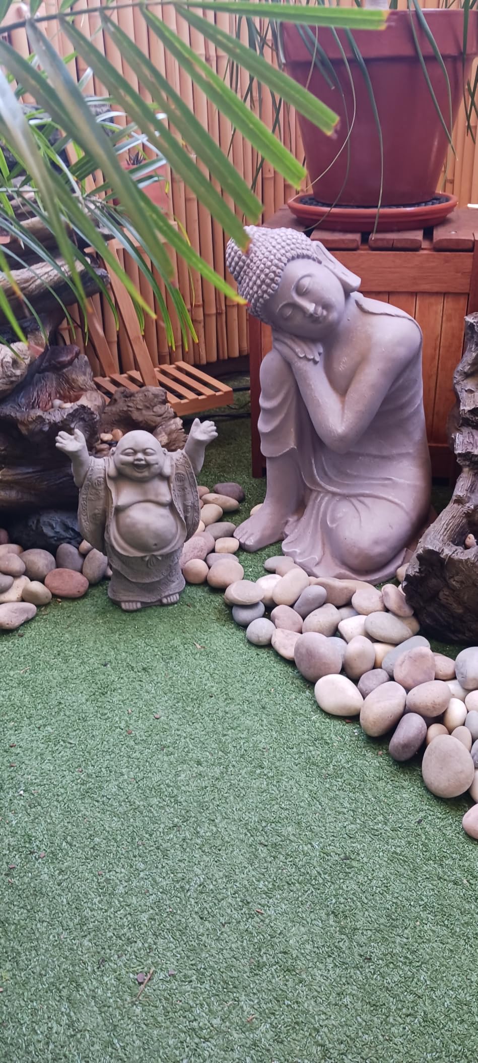 Super Happy Buddha Statue: Solid Durable Stone Statue w/Distressed Texture. Perfect Home Design & Sealed for Outdoor Use. Handcrafted USA. (Antique/Gray) customer photo 1