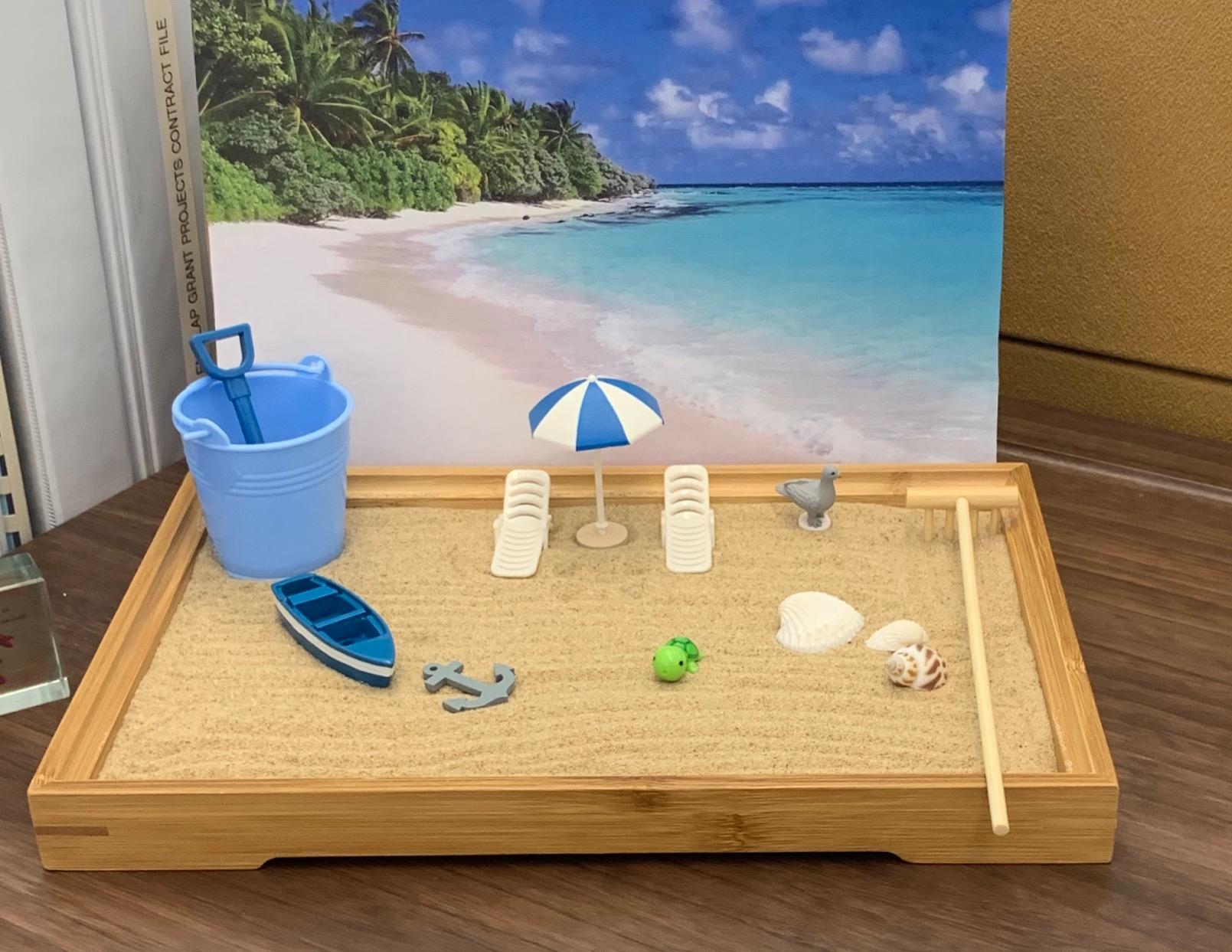 Desktop Miniature Beach Zen Garden - Mini Home Office Tabletop Sandbox Bamboo Rakes Stamps Tray Tool Accessories Kit Meditation Relaxation Decor - Stress Relief Therapy Gifts Kids Adult Father Mother customer photo 1