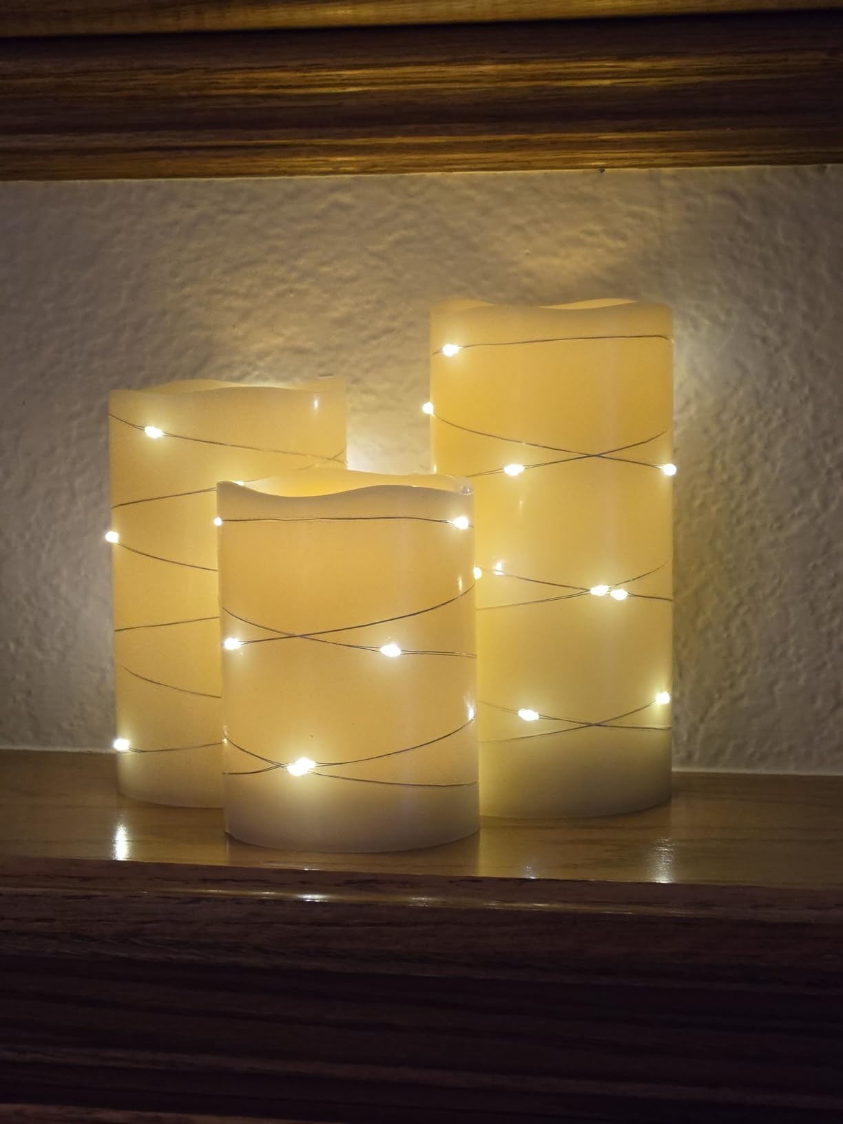 H-BLOSSOM Flickering Flameless Candles Ivory Real Wax Pillar with Embedded String Lights LED Candles Battery Operated with Cycling 5H Timer Set of 3 (3