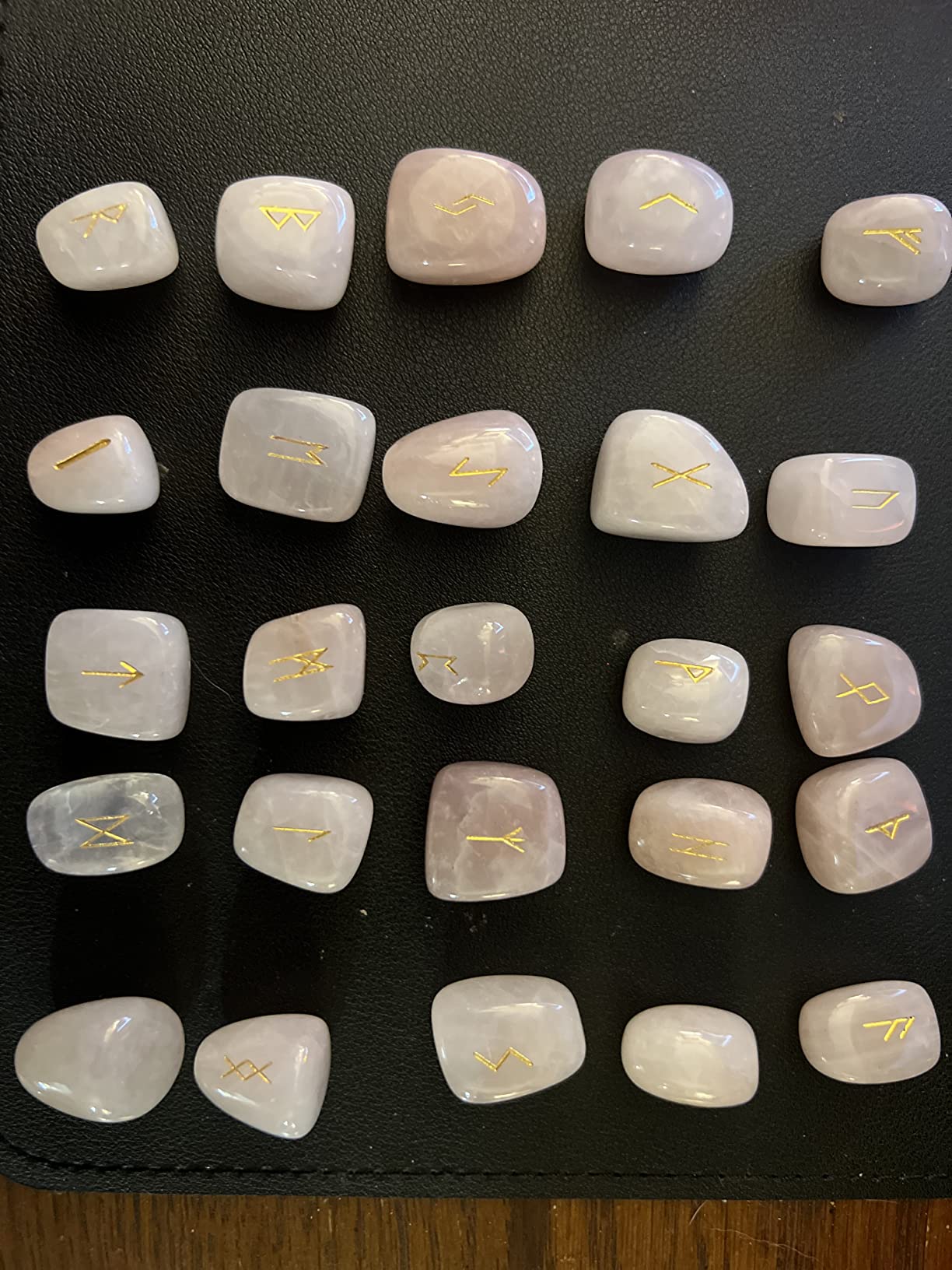 TGS Gems Rose Quartz Rune Stones Set Engraved Pagan Lettering with Instruction Booklet and Velvet Pouch customer photo 2