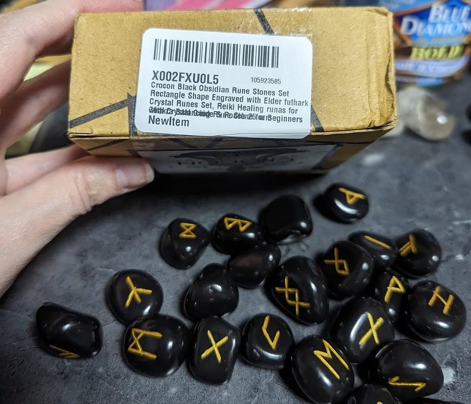 Crocon Black Obsidian Rune Stones Set 25 Pcs Rectangle Shape Engraved with Elder Futhark customer photo 1