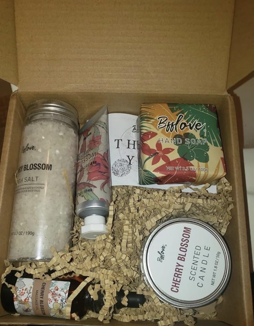 BFFLOVE Gift Set for Women 5pcs Cherry Blossom Spa Set, Birthday Presents for Her with Massage Oil, Scented Candle, Bath Salts, Hand Cream, Mothers' Day Gifts for Her customer photo 1