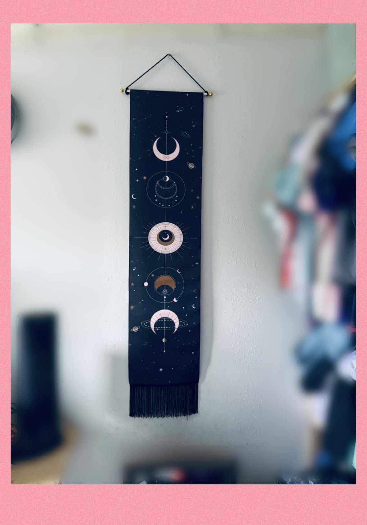 Moon Phase Wall Hanging Art - Bohemian Tapestry for Room (Black, 12.8 x 51.2 inches) customer photo 2