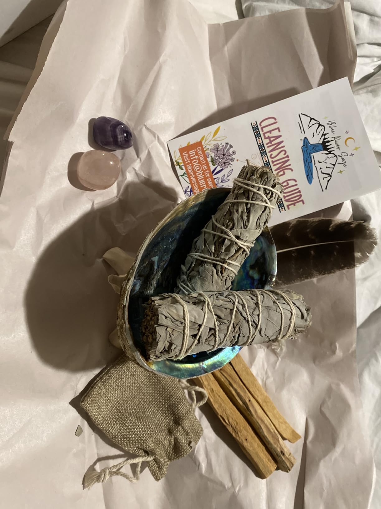 Home Cleansing & Smudging Kit with White Sage, Palo Santo | Smudge Kit with Sage Smudge Sticks, Abalone & Stand, Feather, Includes Guide customer photo 2