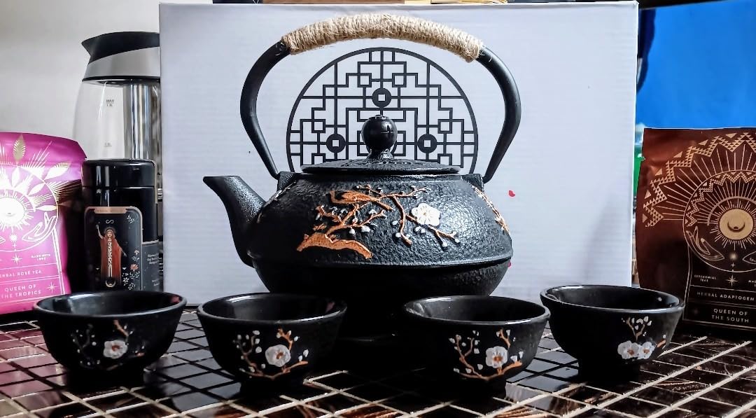 Japanese Style Cast Iron Teapot with 4 Tea Cups Trivet Tetsubin Tea Kettle with Infuser Chinese Tea Set for Adults Iron Tea Pots Black (Magpie and Plum Pattern) customer photo 1