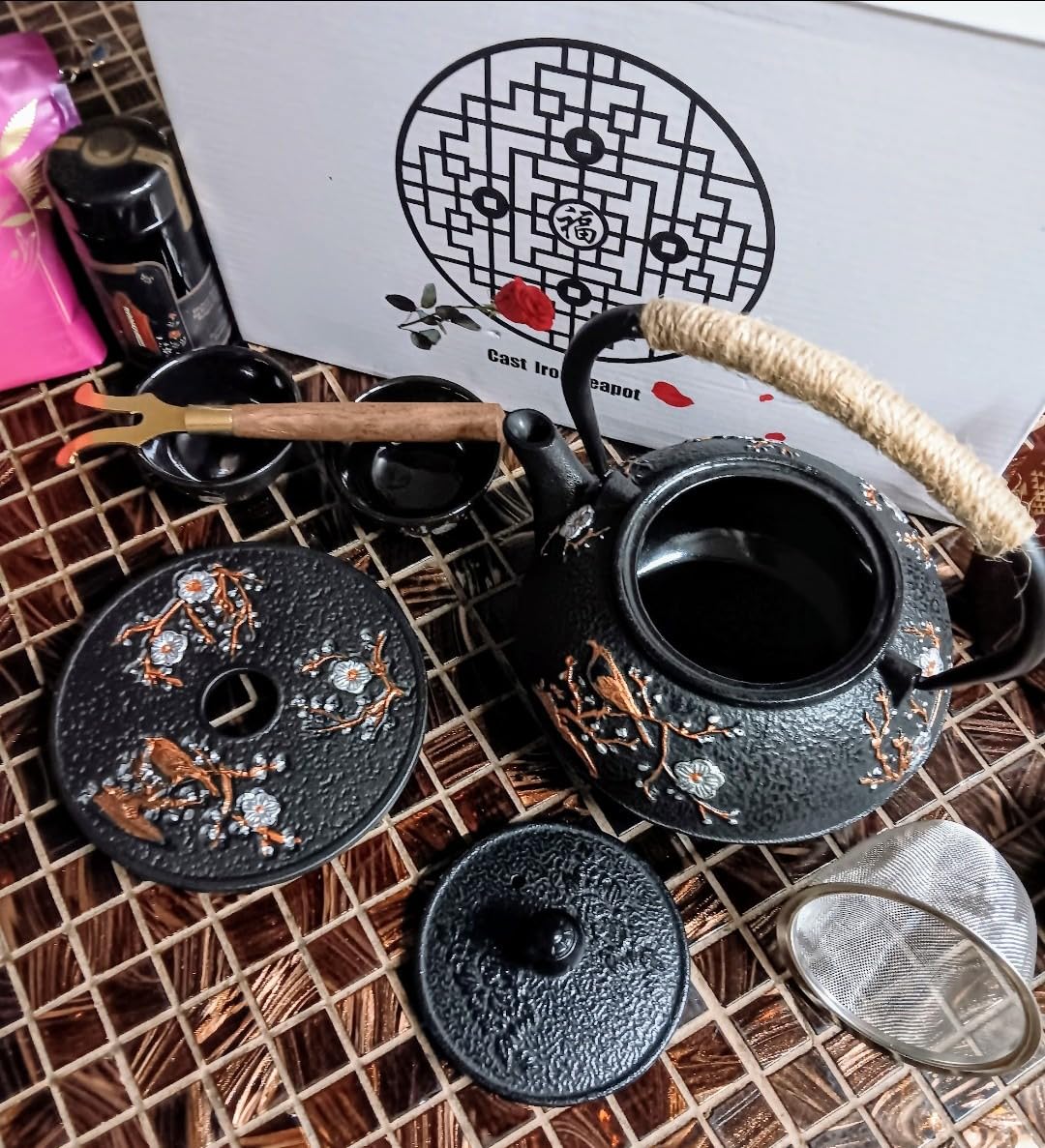 Japanese Style Cast Iron Teapot with 4 Tea Cups Trivet Tetsubin Tea Kettle with Infuser Chinese Tea Set for Adults Iron Tea Pots Black (Magpie and Plum Pattern) customer photo 2