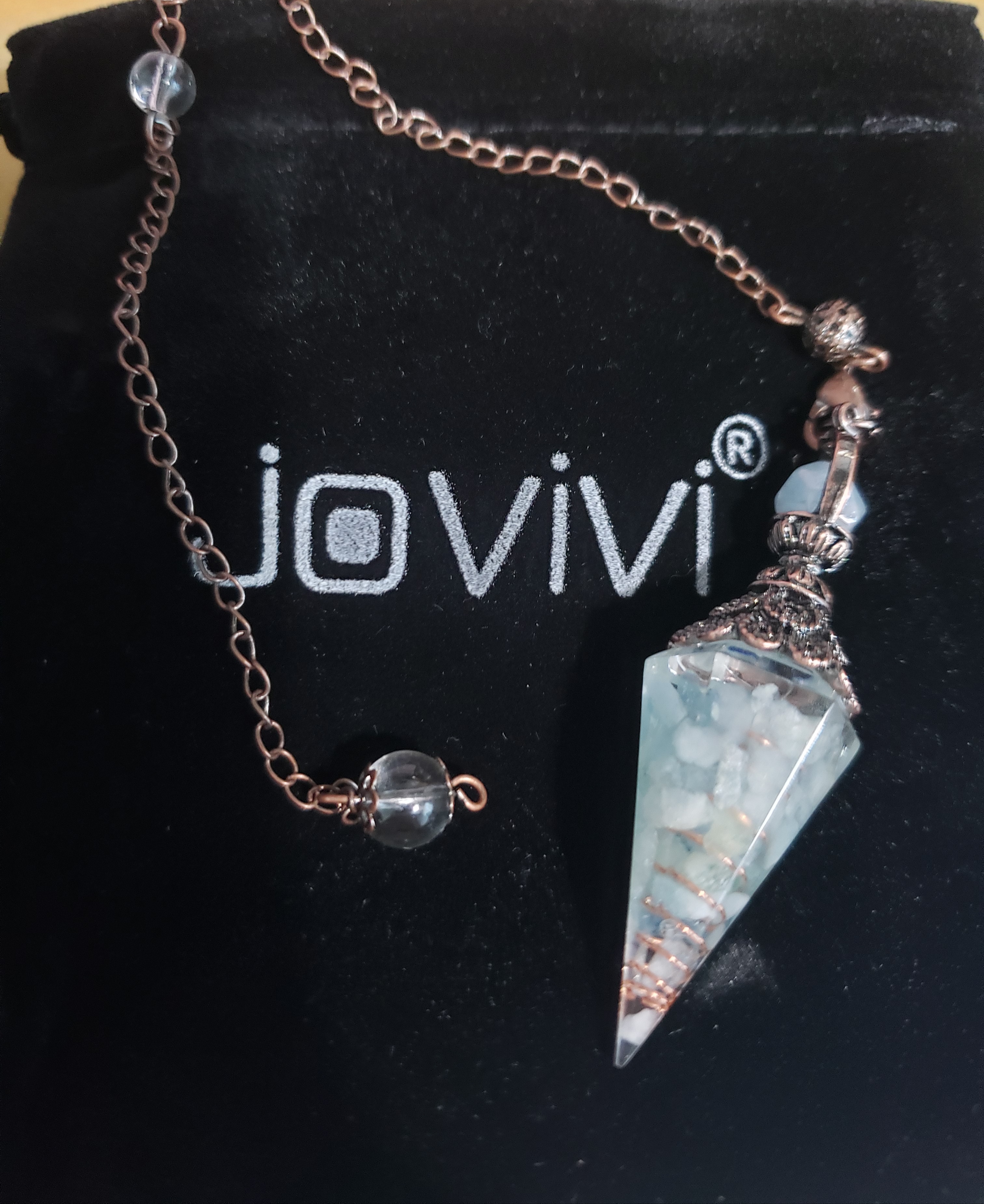 Jovivi Healing Crystal Pendulums for Dowsing Divination 6 Facted Hexagonal Pointed Cone Resin Chip Stones Reiki Wicca Spiritual Gemstone Chakra Energy Pendant with Chain customer photo 2