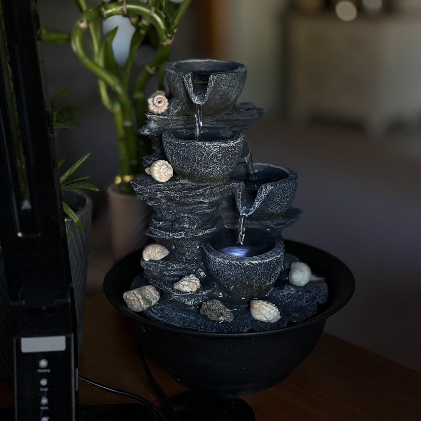 Rockery Indoor Water Fountain, Zen Meditation Tabletop Fountain with LED Lights & Crystal Ball for Home Office Bedroom 9 4/5