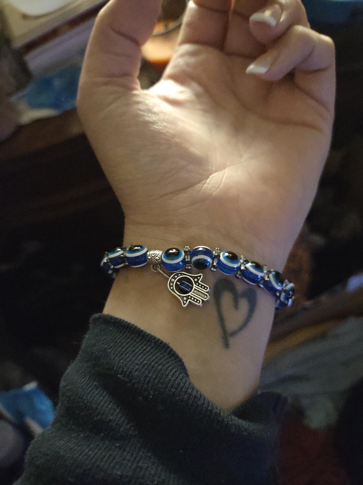 6 Pieces Evil Eye Bracelet Hamsa Beaded Charm Stretch Bracelet Hand of Fatima Turkish Lucky Evil Eye Bracelet for Protection and Blessing(Blue) customer photo 2