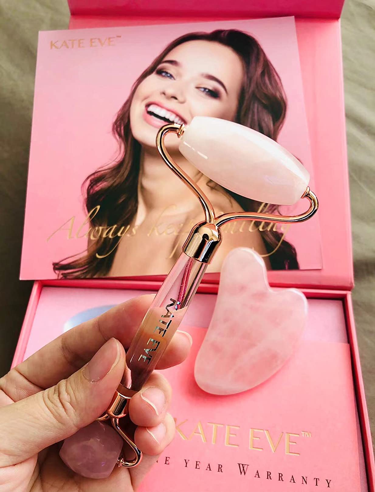 Kate Eve Rose Quartz Face Roller and Gua Sha Set, 100% Natural Brazilian Rose Quartz Facial Massage Tools, Luxury Skincare Gift Box customer photo 1