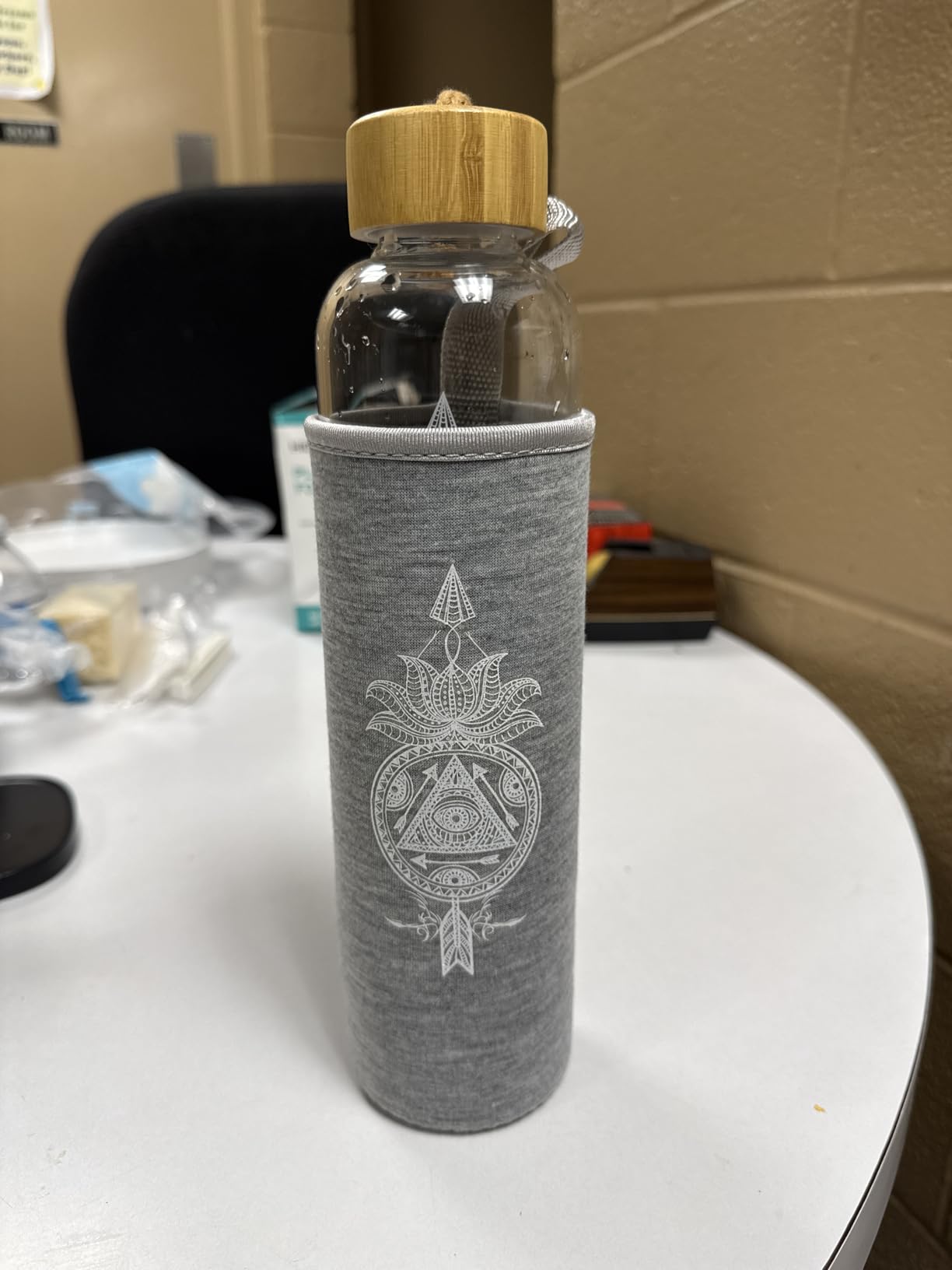 Crystal Water Bottles 19oz Large Crystal Elixir Gem Infused Water Bottle with Changeable Crystals Energy Glass Water Bottle with Sacred Pattern and Words (Rose Quartz) customer photo 1