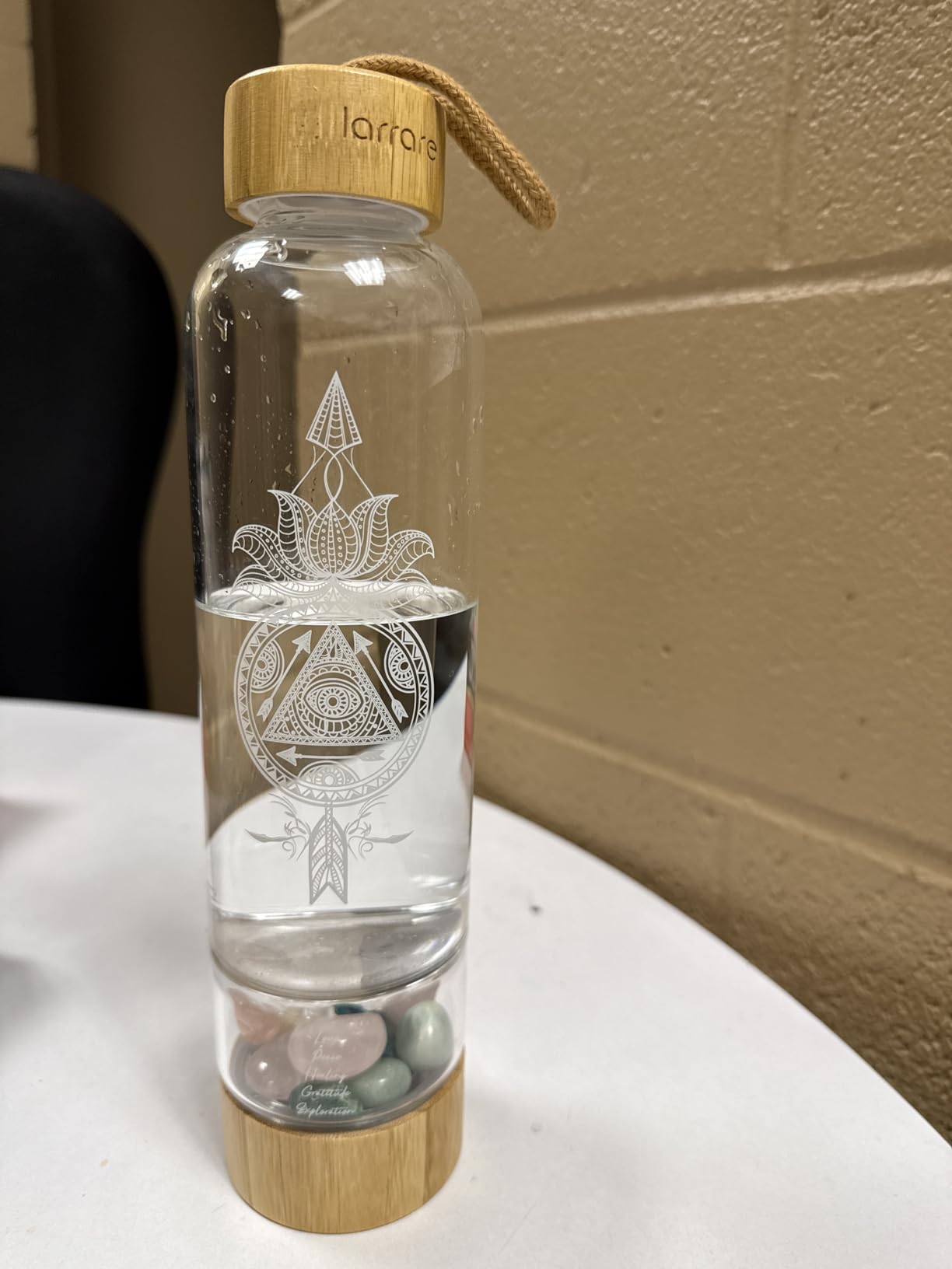 Crystal Water Bottles 19oz Large Crystal Elixir Gem Infused Water Bottle with Changeable Crystals Energy Glass Water Bottle with Sacred Pattern and Words (Rose Quartz) customer photo 2