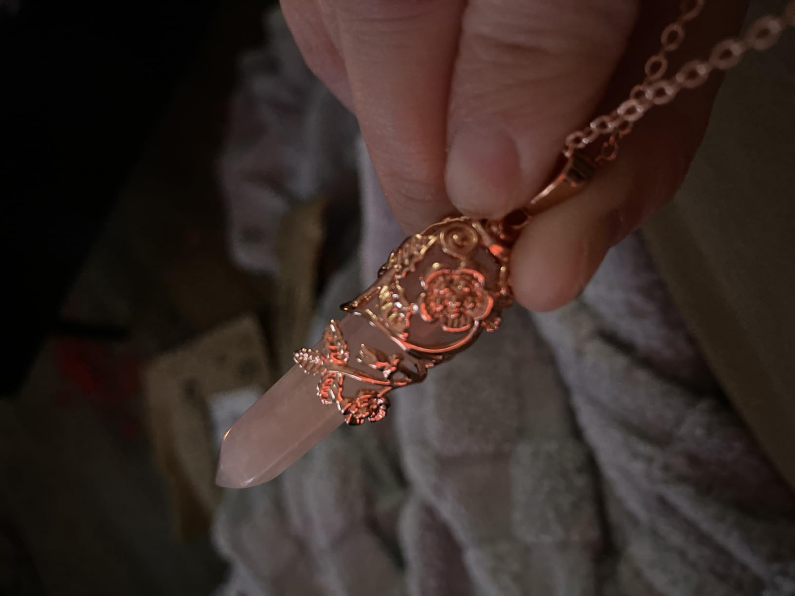 Rose Quartz Crystal Healing Pendant Necklace for Women, Vintage Rose Gold Flower Wrapped Pink Hexagonal Gemstone Healing Point Chakra Stone Necklace Energy Balancing Jewelry Gifts customer photo 1