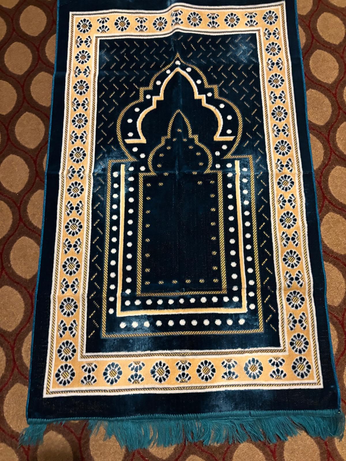 TB Muslim Prayer Rug Islamic, Soft Velvet Mat Ramadan Gift, with Prayer Bead Unique Decoration Gilded Gold-Like Embroidered for Women Man Kids Meditation Turkish African (Blue) customer photo 2