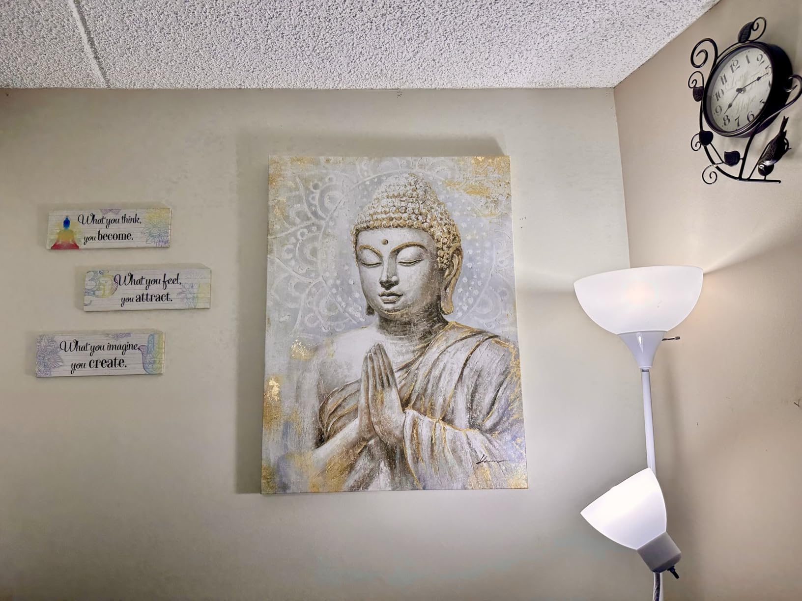 Gold Buddha Canvas Wall Art: 3D Textured Mandala Flower Blossom Buddha Painting Zen Print Picture on Blue for Yoga Meditation Room Bedroom Framed and Ready to Hang 12