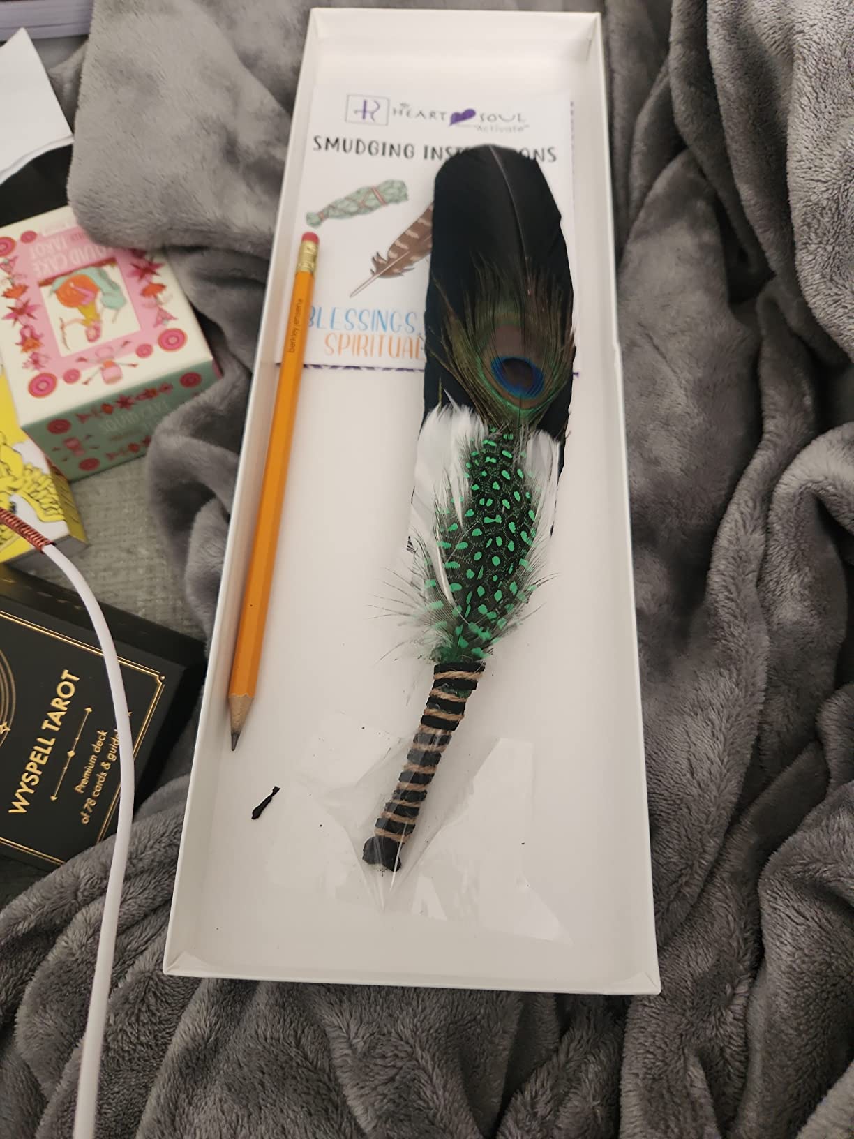 Smudge Feather, Turkey and Peacock, Unique Homecrafted Energy Cleansing Clearing Spiritual Practice House Smudging - Detailed Instructions for Beginners (Purple) | smudge feather wand ritual energy clearing tool customer photo 1