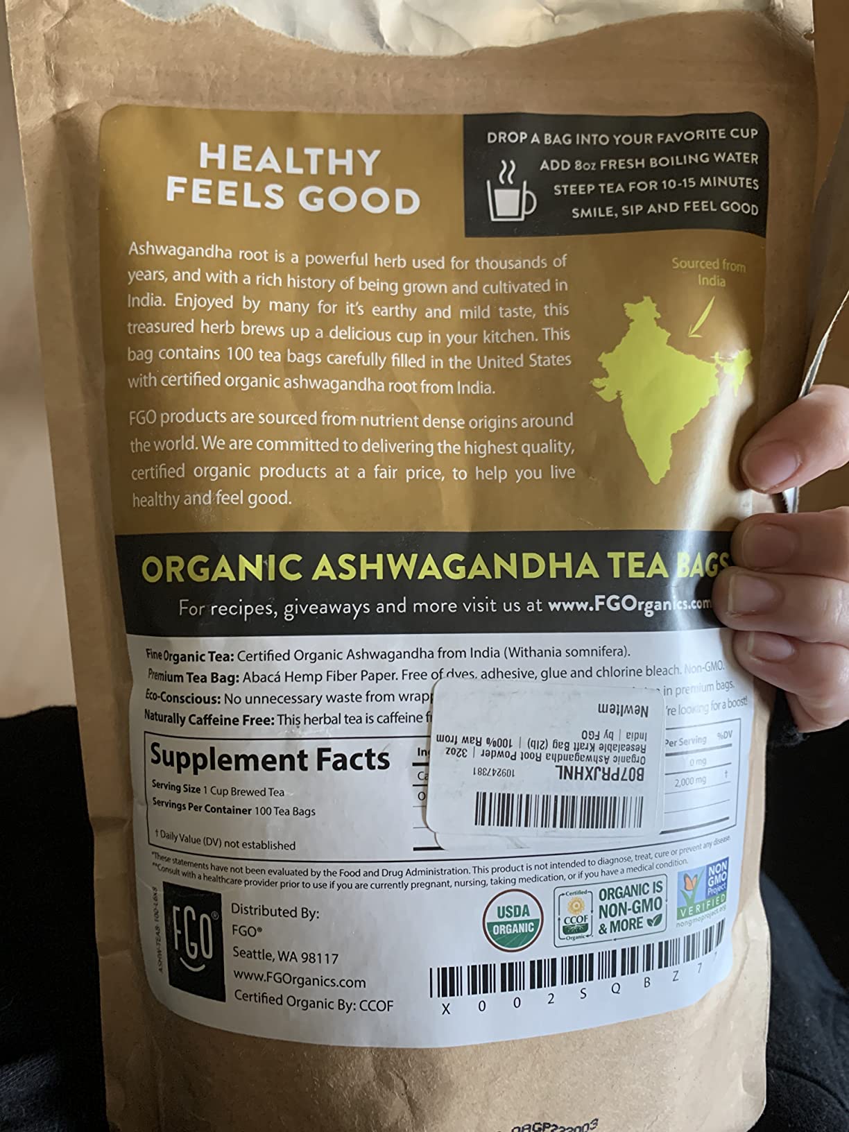 FGO Organic Ashwagandha Tea, 100 Count, Eco-Conscious Tea Bags, Resealable Bag, Packaging May Vary (Pack of 1) customer photo 2