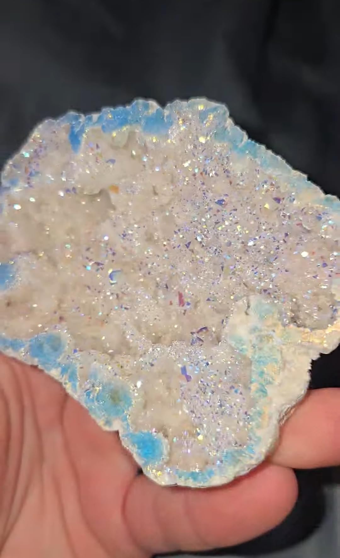 KALIFANO Angel Aura Quartz Geode - Titanium Bonded High Energy Crystal Cuarzo Cluster/Druzy with Information Card - Natural Reiki Rock Used for Clarity and Purpose (Family Owned and Operated) customer photo 1