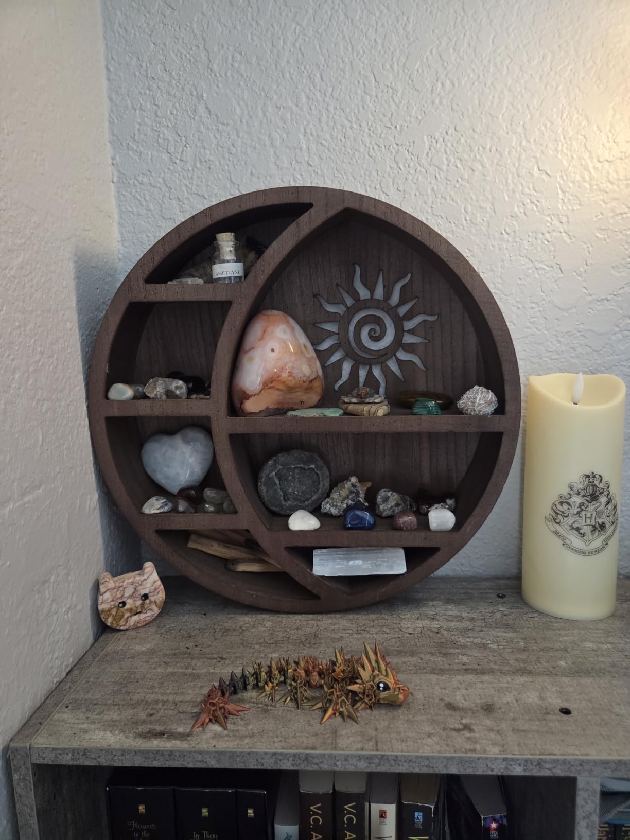 Wooden Crescent Moon Shelf - Boho Wall Decor Crystal Display Shelf for Bedroom, Dorm & Nursery | Crystal Holder for Essential Oils, Witchy & Moon Phase Decor | 14x14x3.5 | Paulownia Wood customer photo 1
