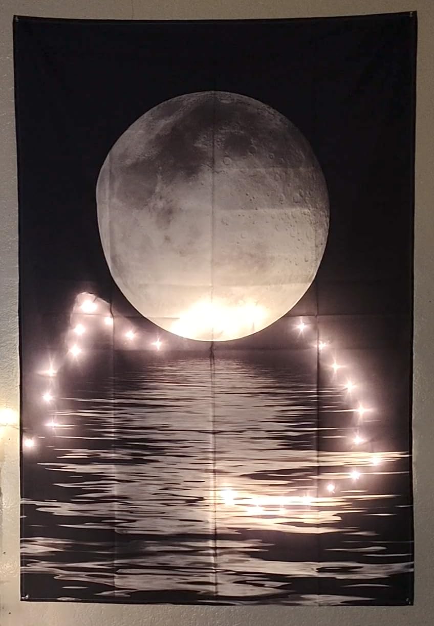 LB Small Full Moon Over Ocean Tapestry Wall Hanging, Starry Night Sky Wall Tapestry, 3D Fantasy Black and White Large Moon Wall Art for Bedroom Living Room Dorm Home Decor, 40 x 60 Inches customer photo 2