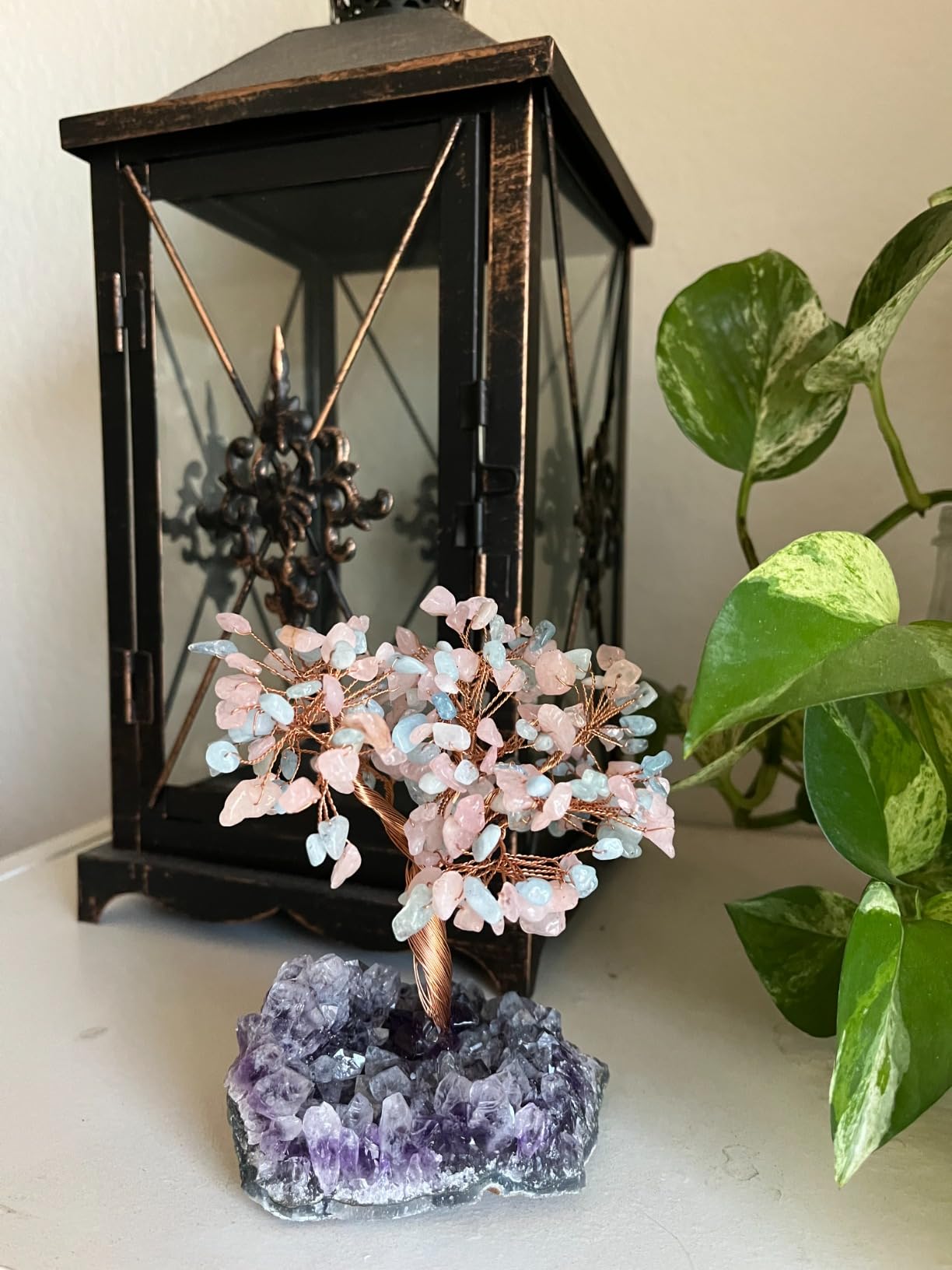 TUMBEELLUWA Rose Quartz Healing Crystal Money Tree on Amethyst Cluster Base | 4.5 Inches Crystal Bonsai Tree, Home Office Feng Shui Decor, Attract Money Wealth Good Luck, Housewarming Gift for Women Men customer photo 1