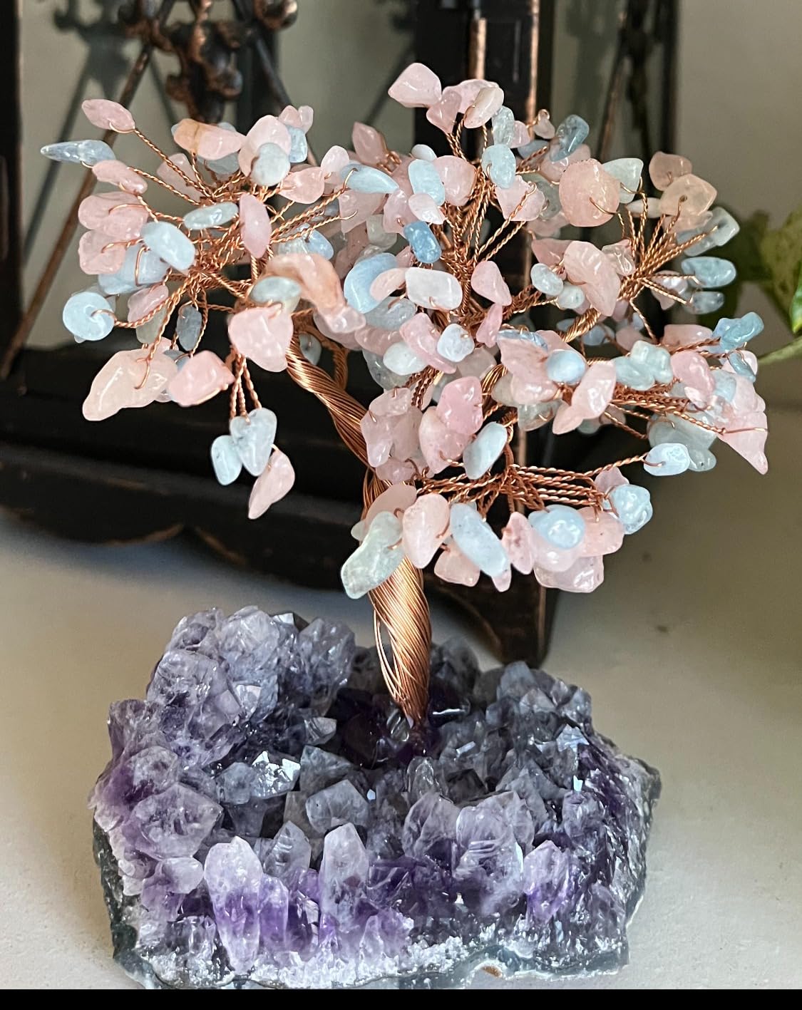 TUMBEELLUWA Rose Quartz Healing Crystal Money Tree on Amethyst Cluster Base | 4.5 Inches Crystal Bonsai Tree, Home Office Feng Shui Decor, Attract Money Wealth Good Luck, Housewarming Gift for Women Men customer photo 2