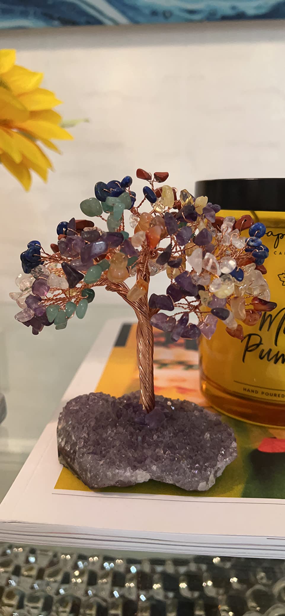 Jovivi Natural 7 Chakra Gemstone Healing Crystal Money Tree on Amethyst Cluster Geode Druzy Base Feng Shui Crystals for Home Office Desk Decorations, Wealth, Good Luck customer photo 2