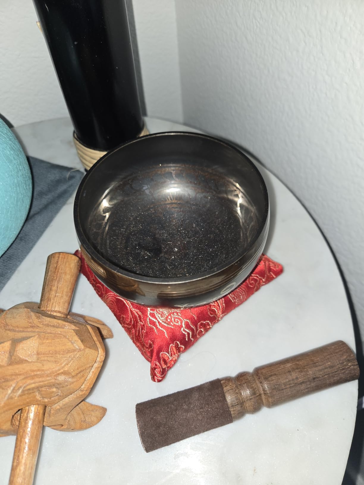 Tibetan Singing Bowl Set - Bronze Master Grade with Pure Tone & Thangka Art - Handmade in Nepal by Himalayan Bazaar (Gold & Yellow) customer photo 2