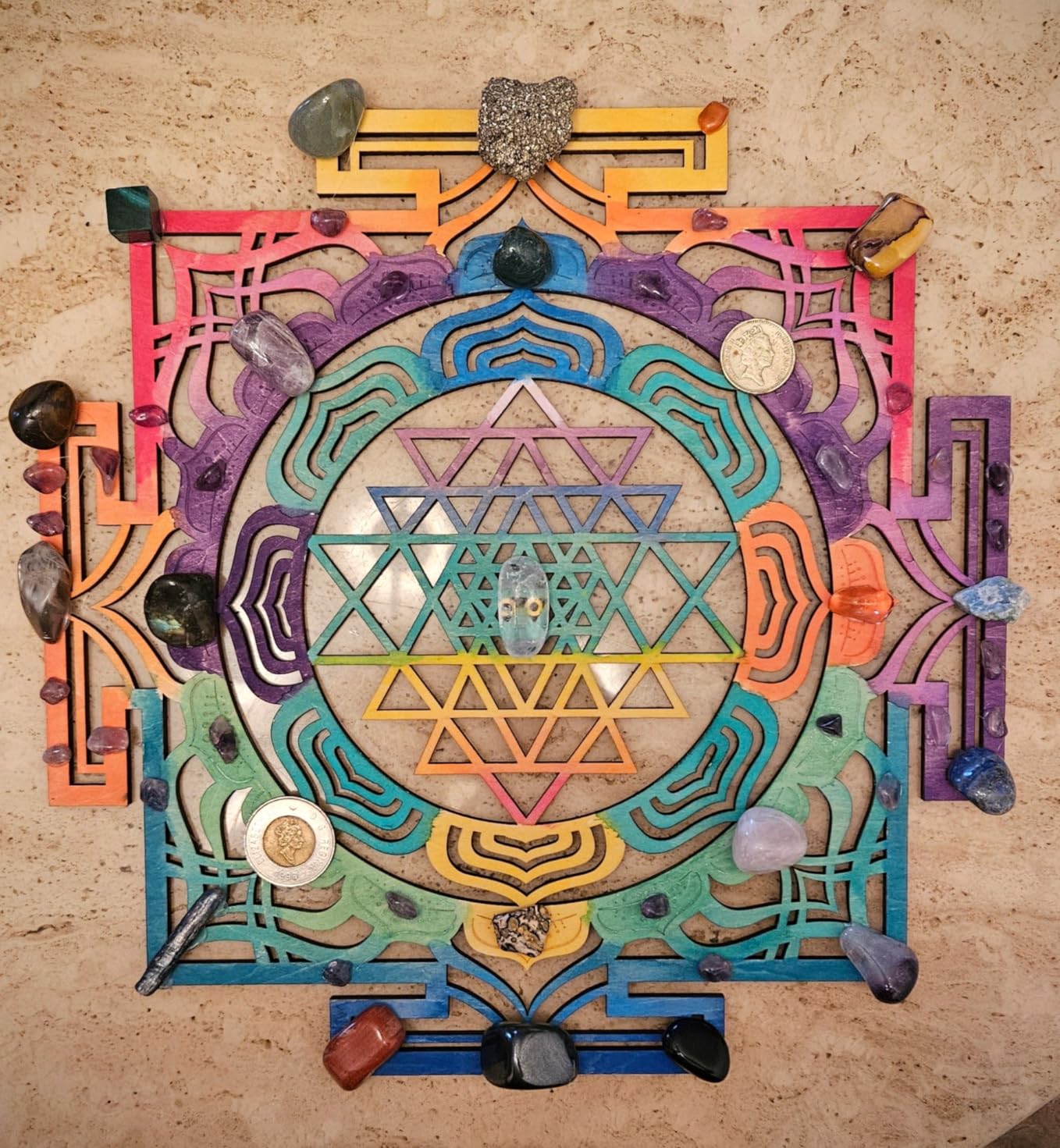 Qallicon 11.5'' Sri Yantra Wall Decor, Mandala Sacred Geometry Wall Art, Crystal Grid Chakra Wooden Yoga Art, Meditation Altar Zen Decor Spiritual Gifts customer photo 2